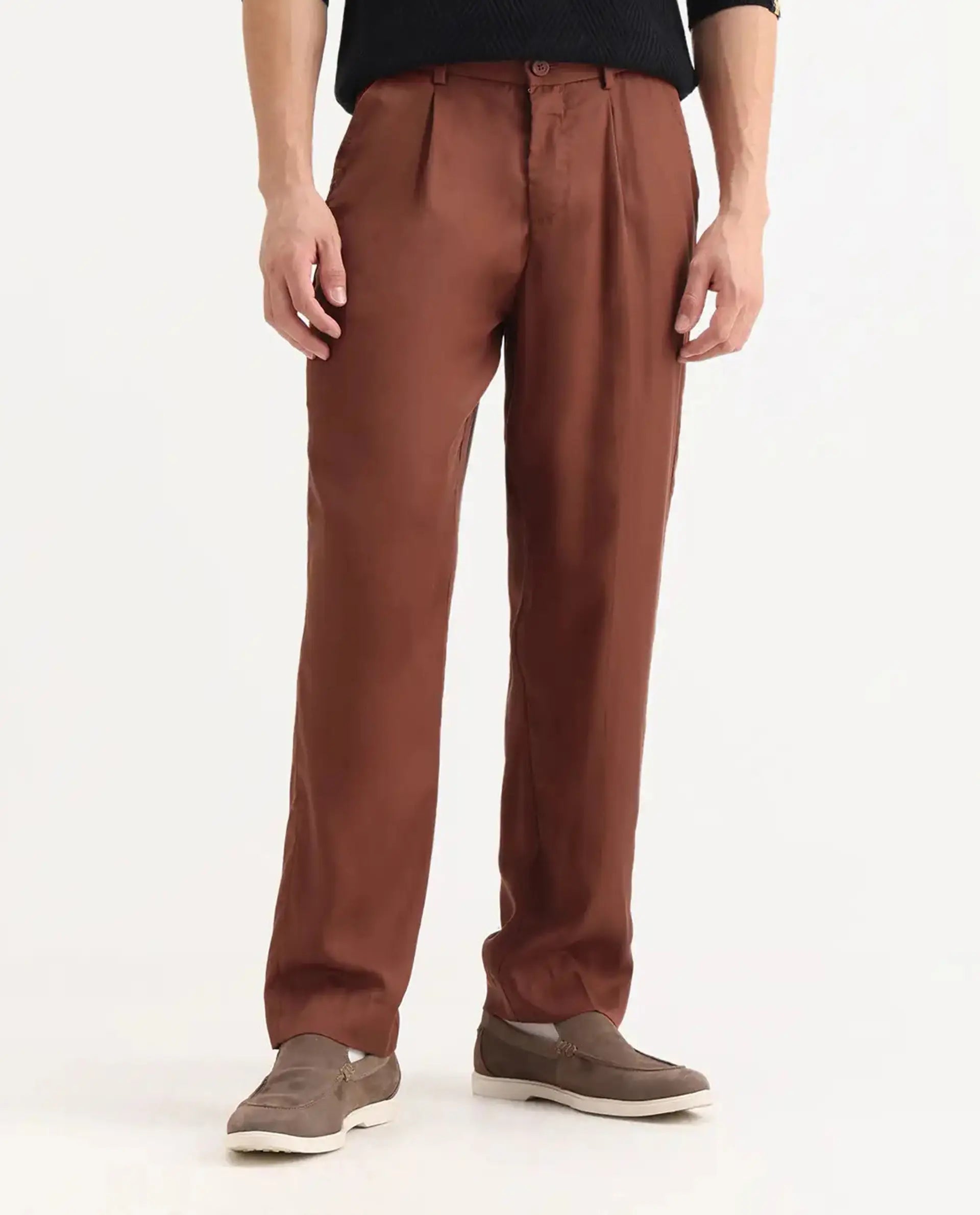 Rare Rabbit Men's Memos Rust Tencel Plain Regular Fit Trouser