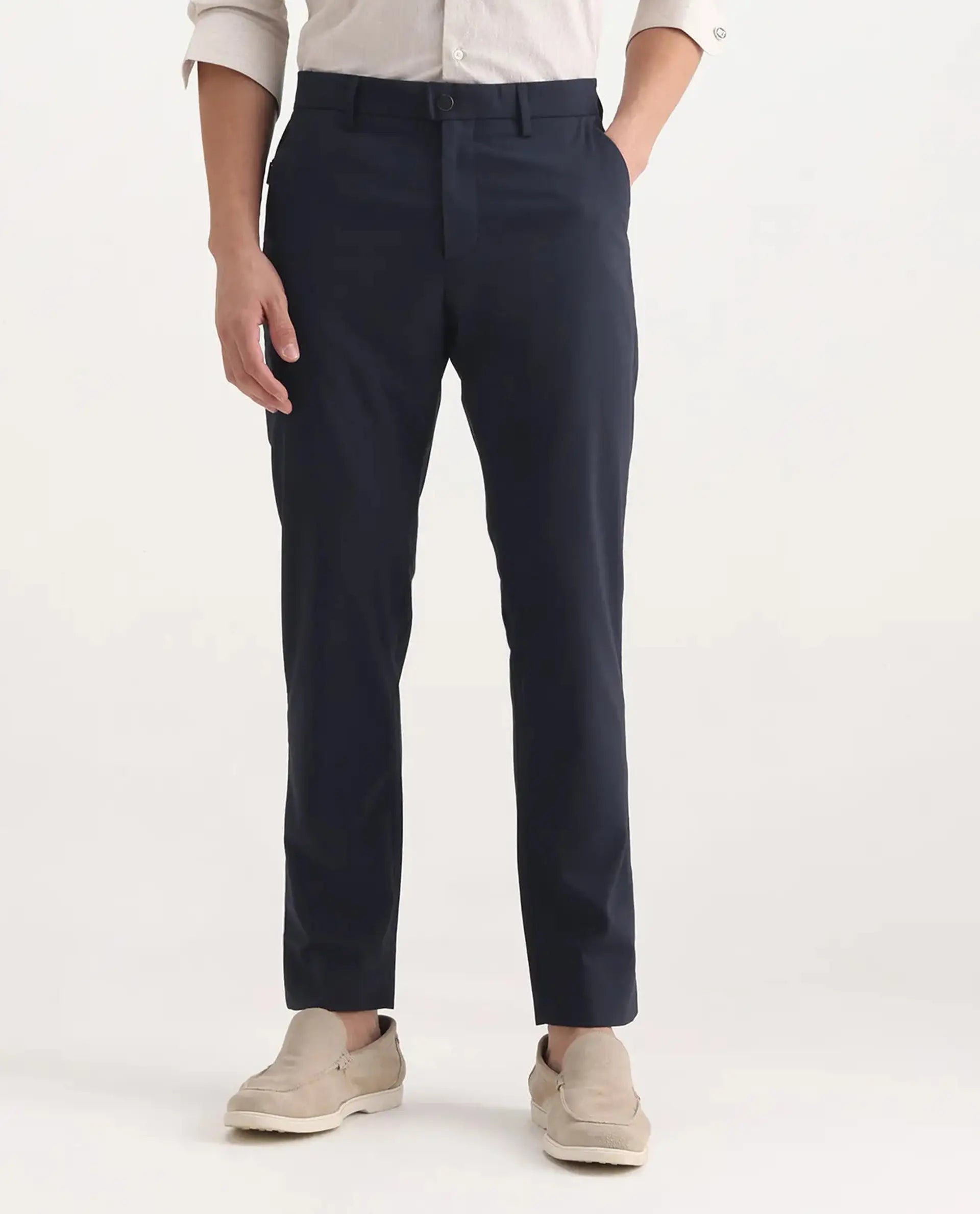Rare Rabbit Men's Micras Navy Polyester Blend Checked Print Regular Fit Trouser