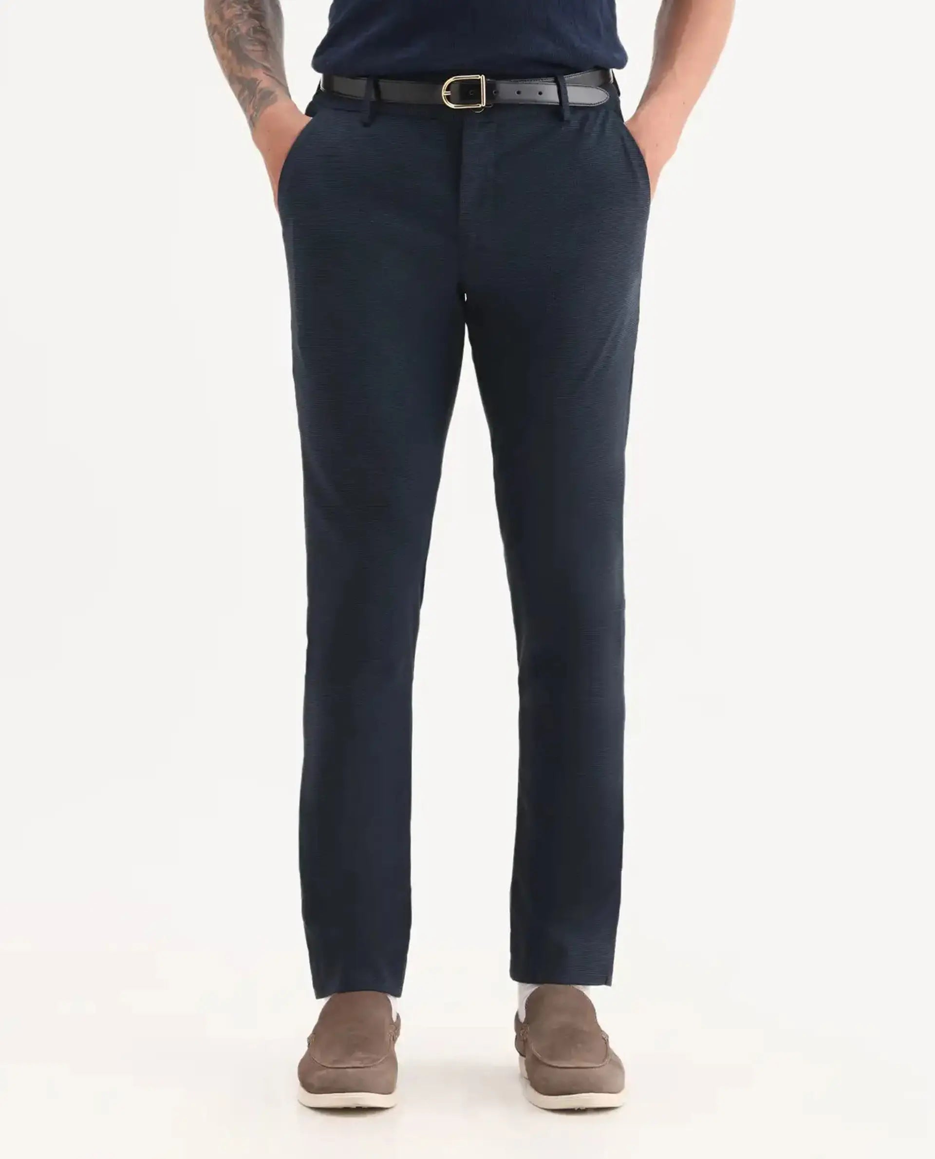 Rare Rabbit Men's Microl Navy Polyester Checked Print Regular Fit Trouser