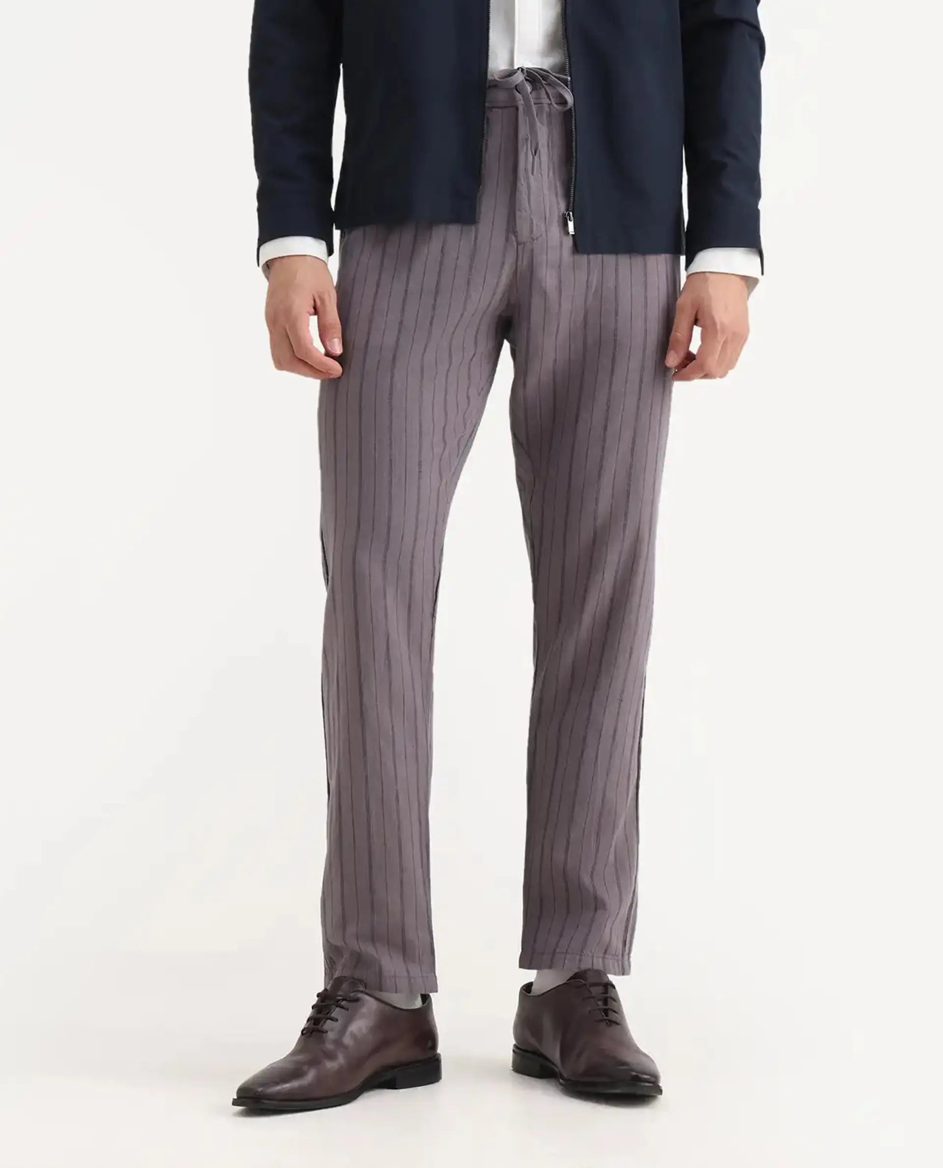 Rare Rabbit Men's Milos Dusky Purple Linen Blend Striped Print Regular Fit Trouser