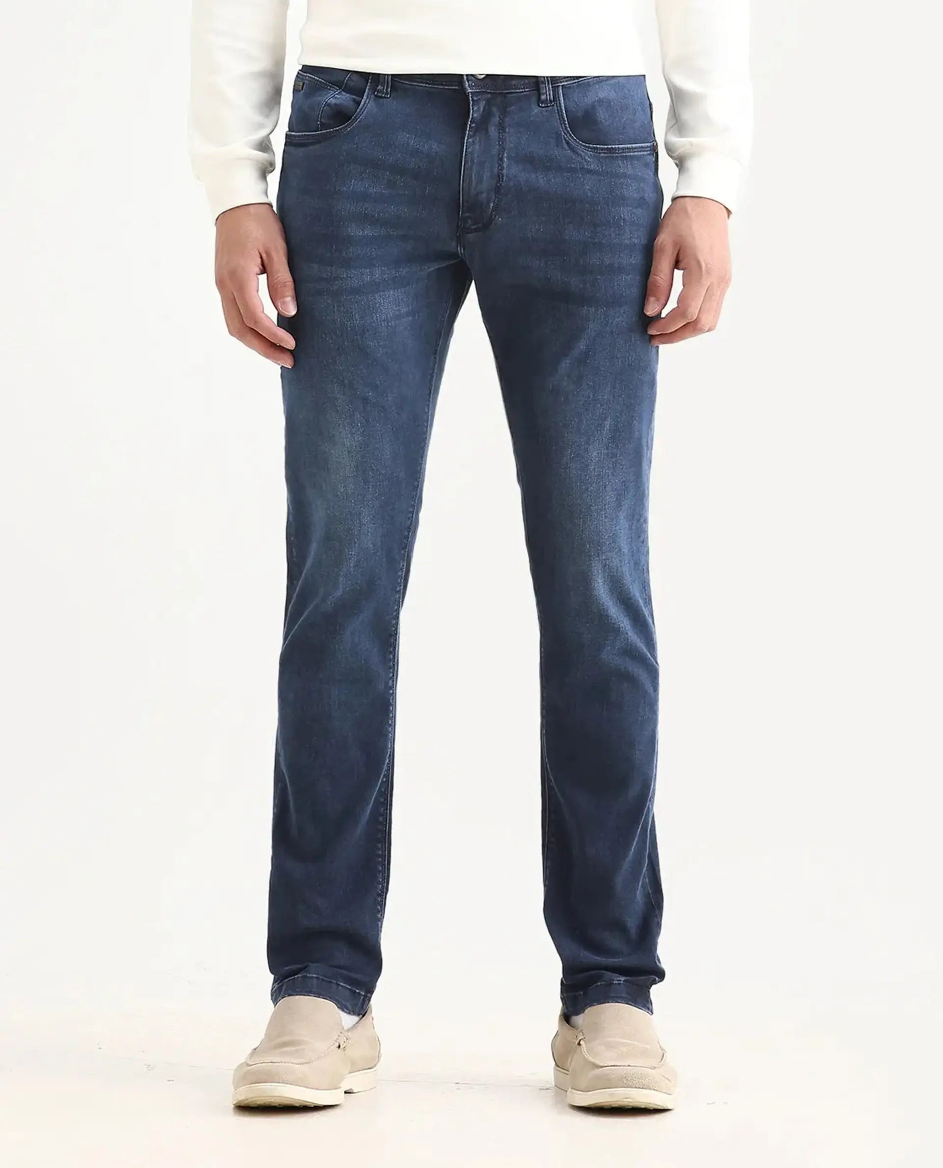 Rare Rabbit Men's Monaco Navy Cotton Plain Hawk Slim Fit Jeans