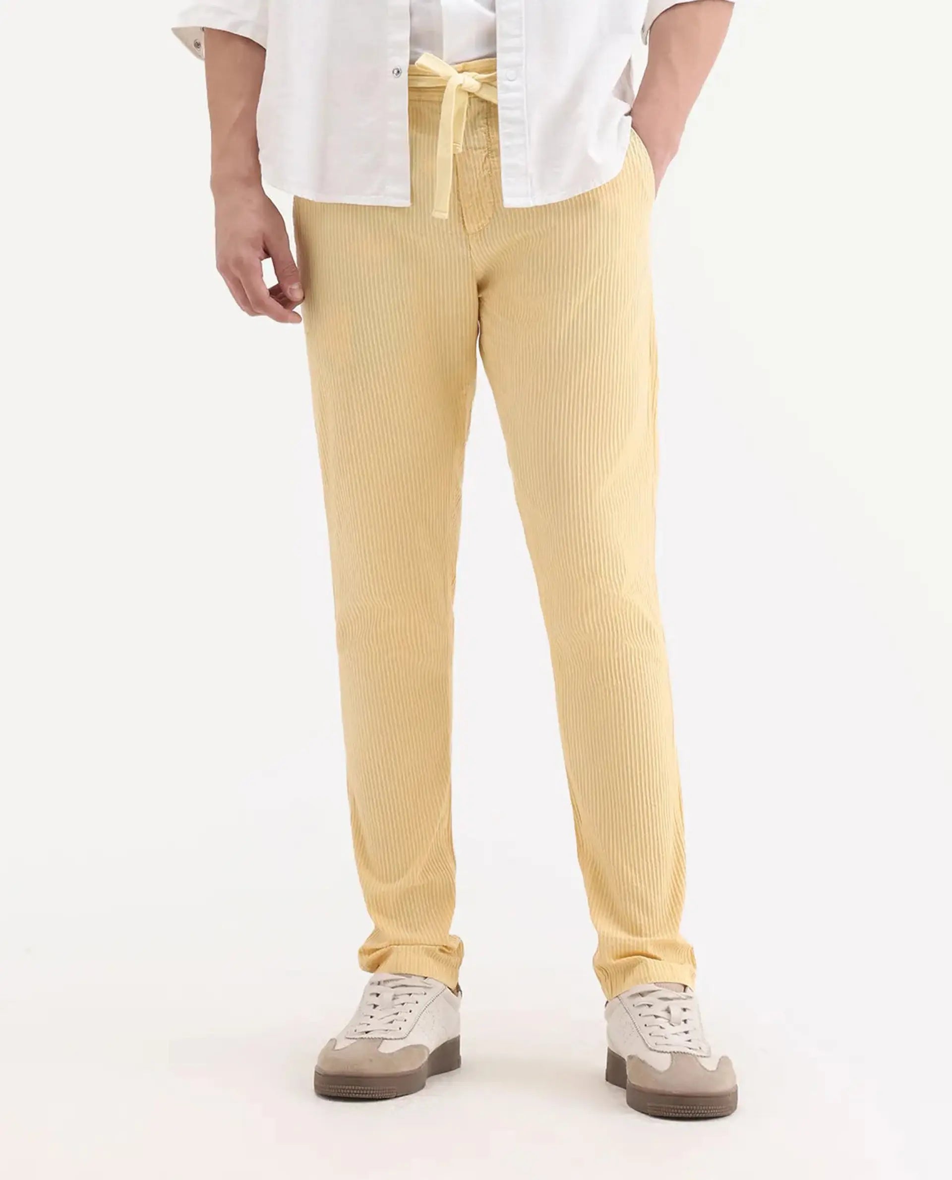 Rare Rabbit Men's Monter Mustard Cotton Striped Print Regular Fit Trouser
