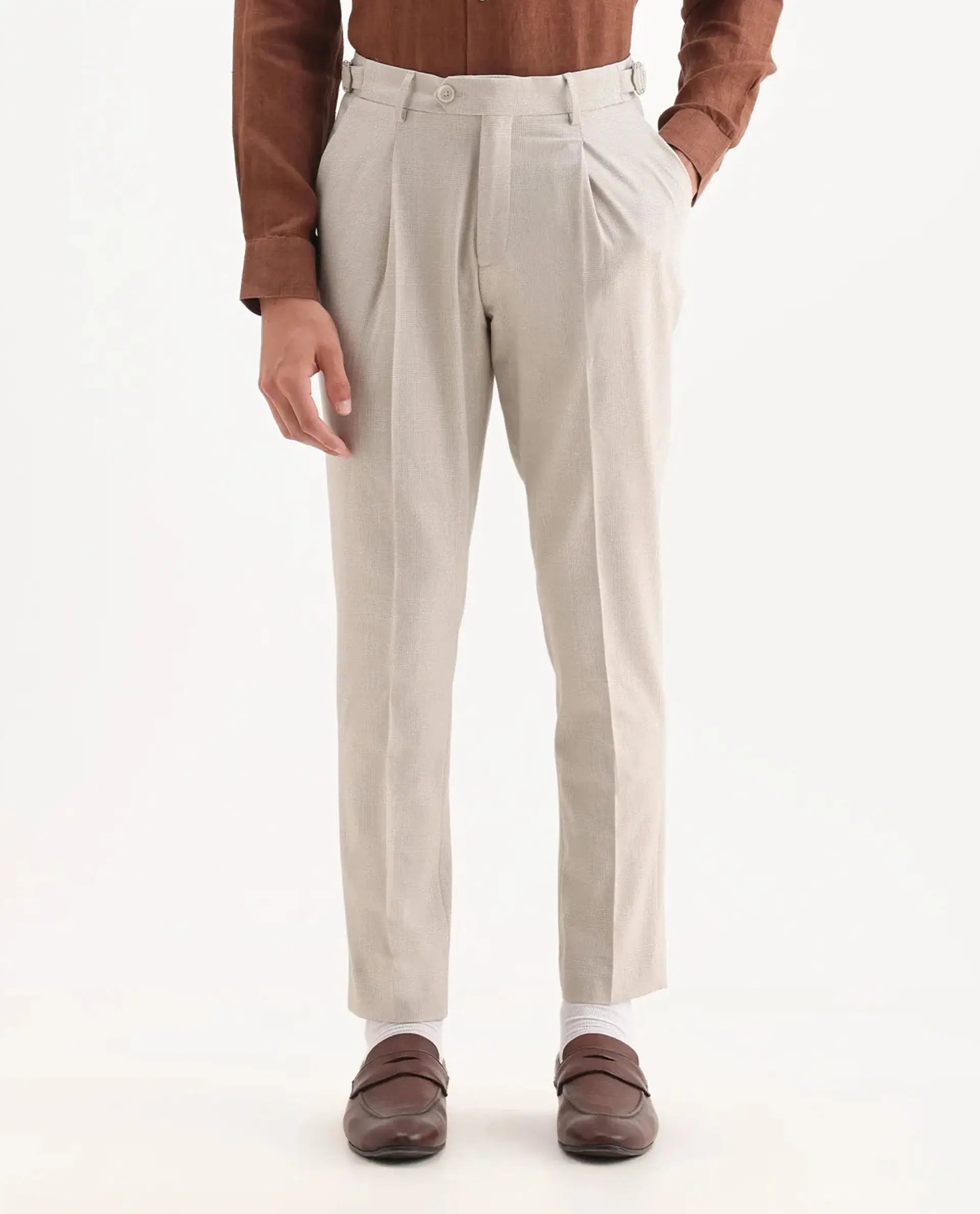Rare Rabbit Men's Morst Beige Polyester Blend Checked Print Relaxed Fit Trouser