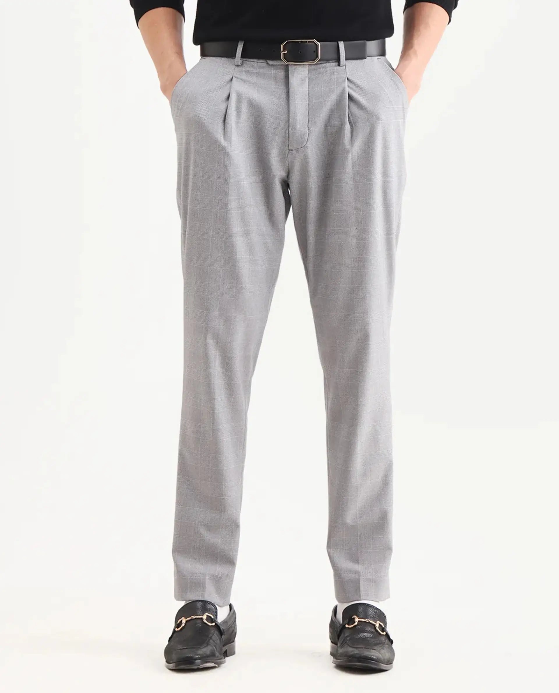 Rare Rabbit Men's Morst Grey Polyester Blend Checked Print Relaxed Fit Trouser
