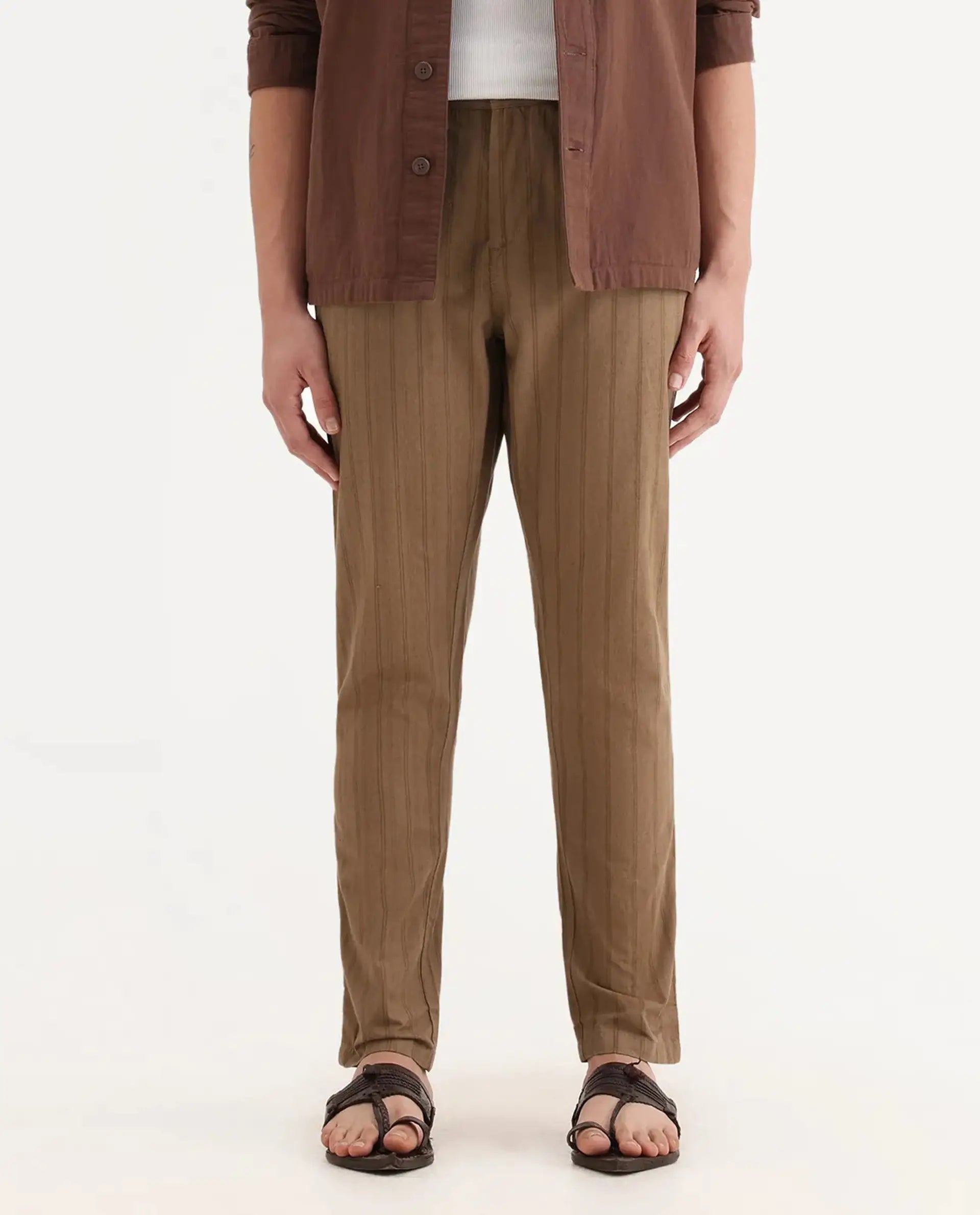 Rare Rabbit Men's Murray Brown Cotton Blend Striped Print Regular Fit Trouser