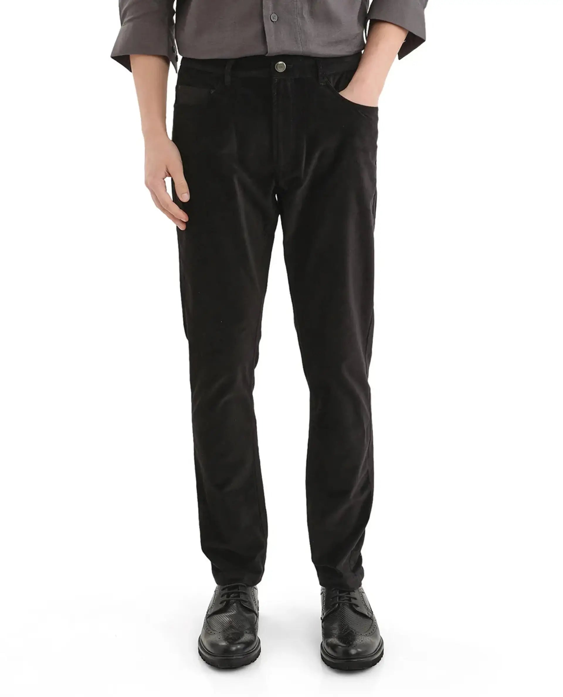 Rare Rabbit Men's Nahor Black Cotton Plain Regular Fit Trouser