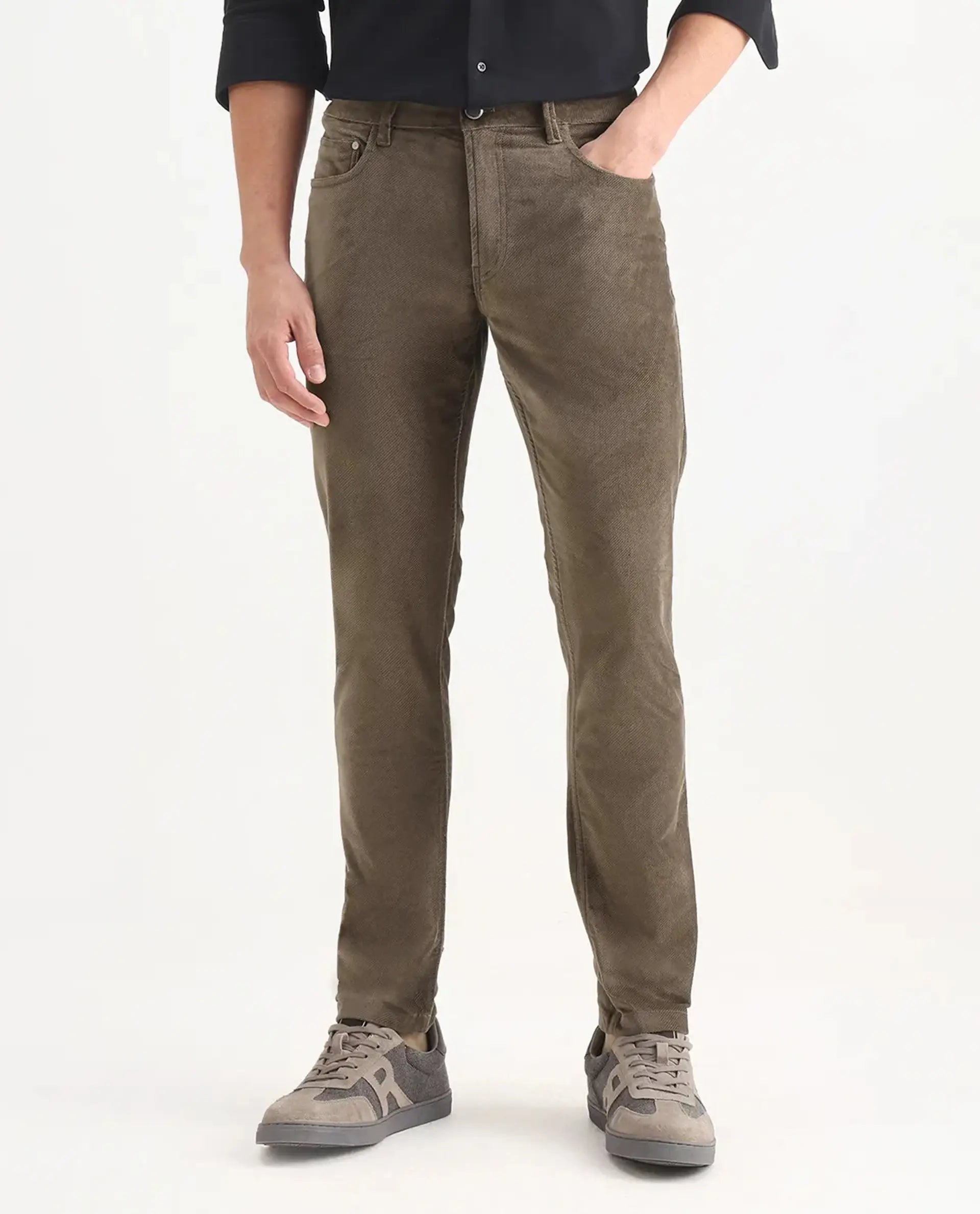 Rare Rabbit Men's Nahor Brown Cotton Plain Regular Fit Trouser