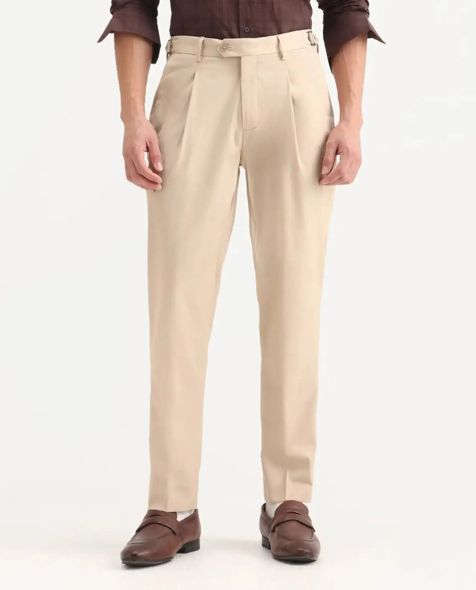 Rare Rabbit Men's Naji Beige Polyester Blend Plain Relaxed Fit Gurkha Trouser
