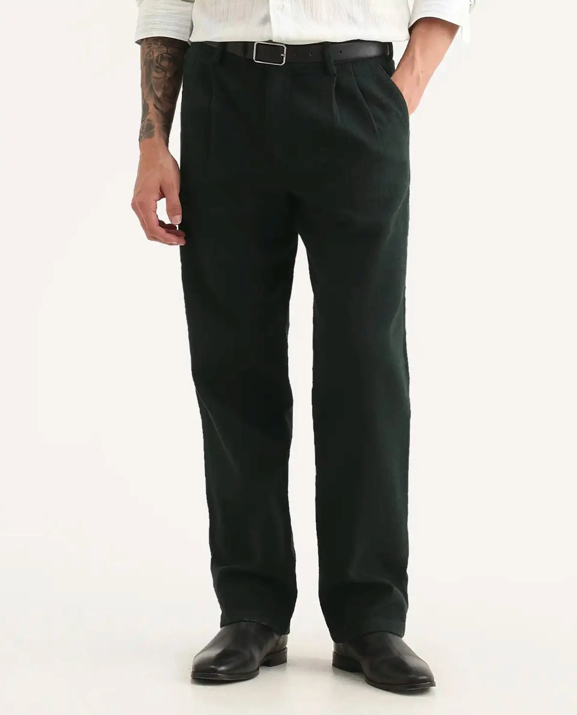 Rare Rabbit Men's Neux Dark Green Cotton Fabric Regular Fit Textured Trouser