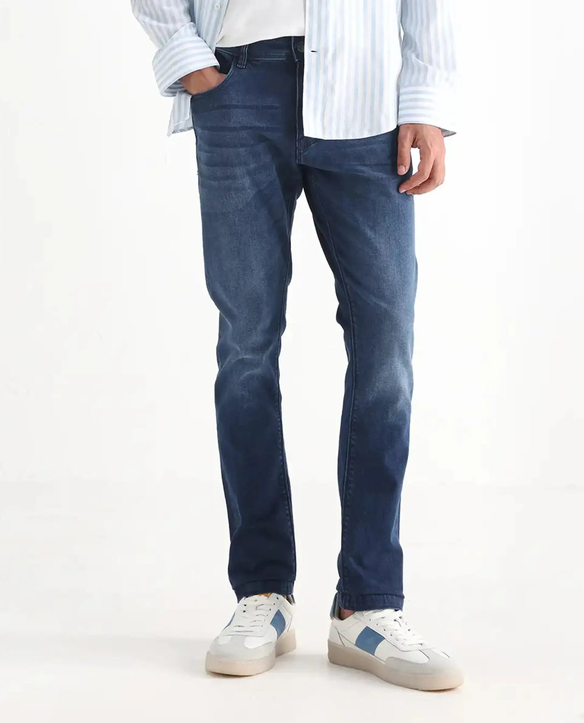 Rare Rabbit Men's Night Dark Blue Cotton Plain Hawk Slim Fit Jeans