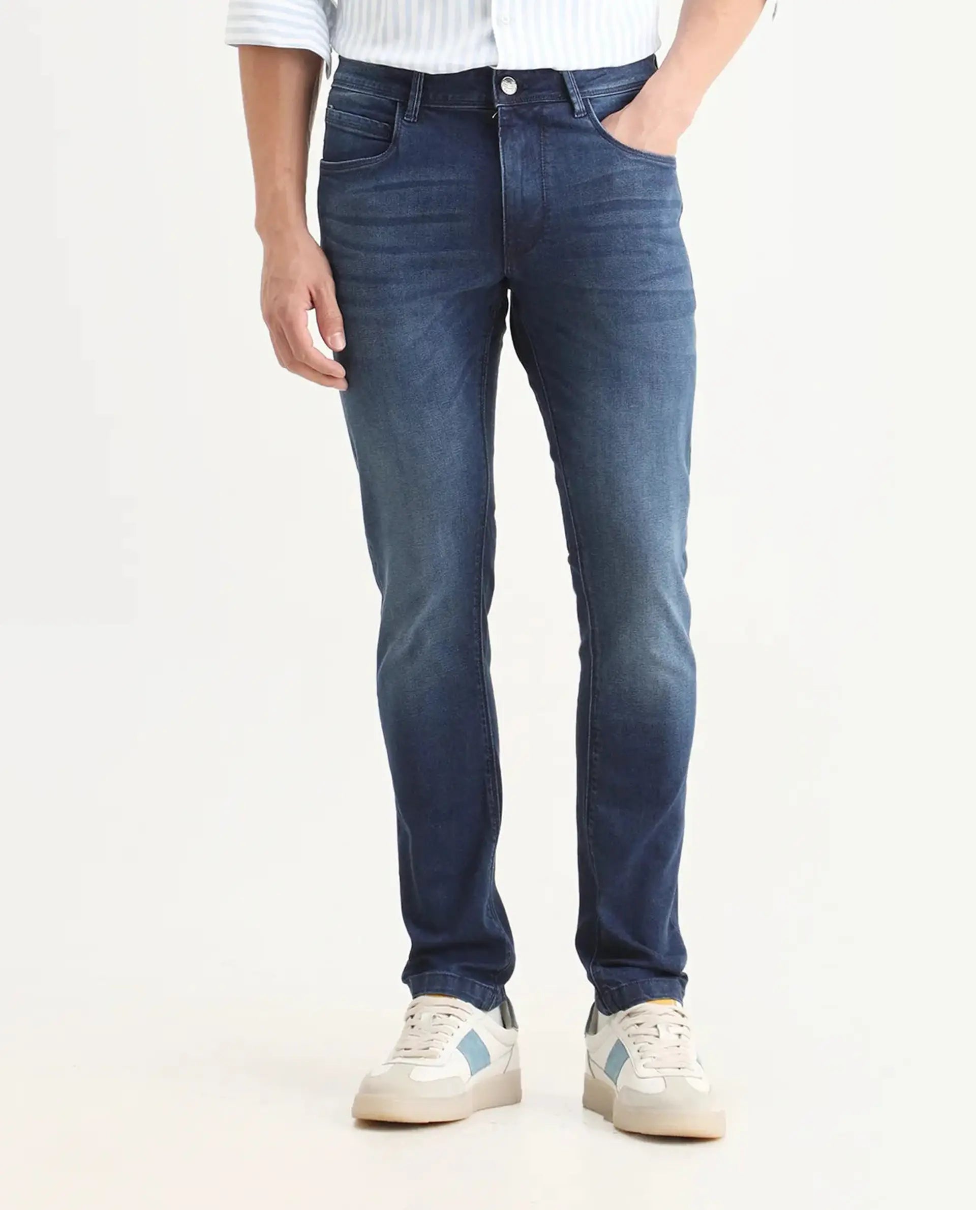 Rare Rabbit Men's Night Dusky Blue Cotton Plain Hawk Slim Fit Jeans