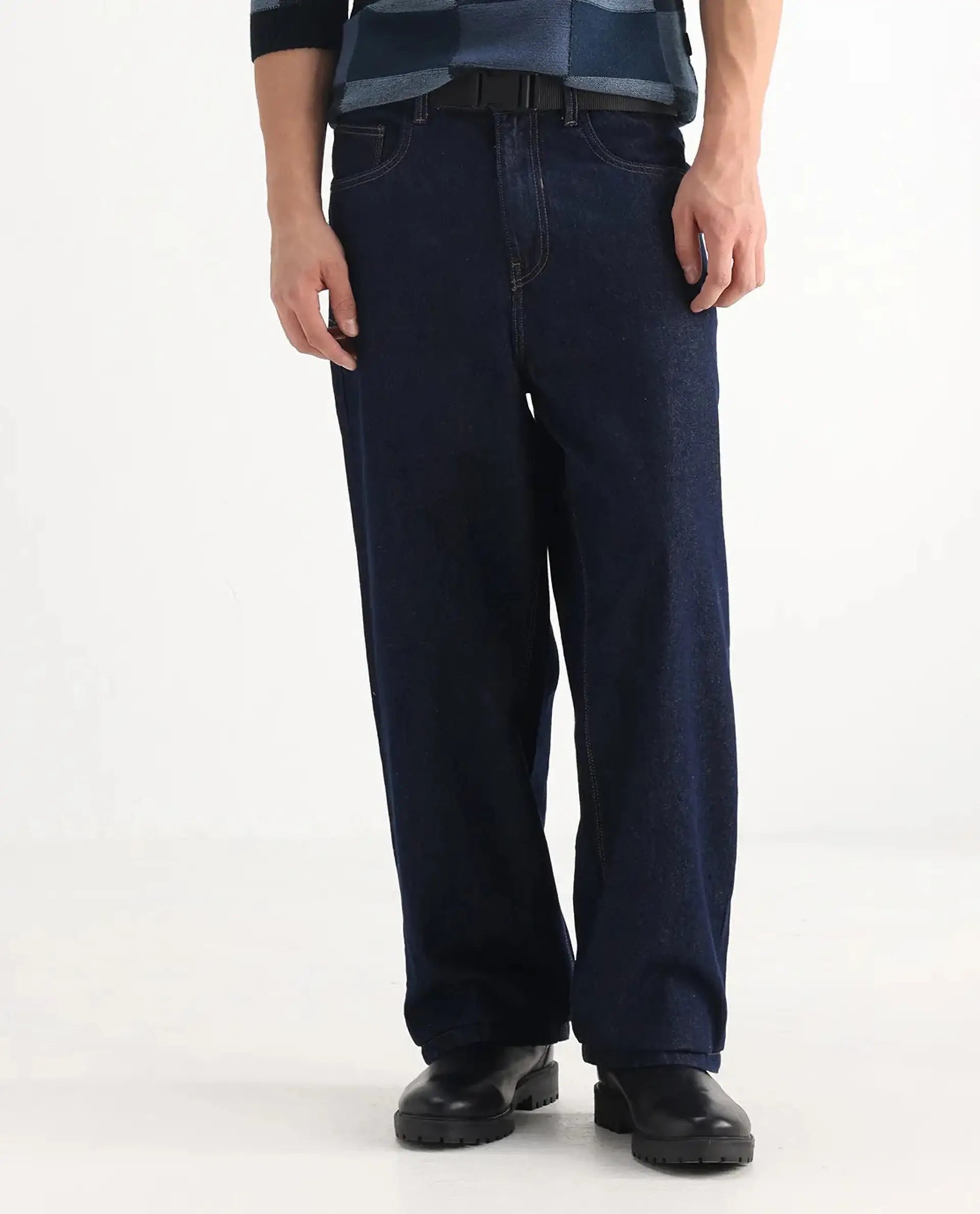 Rare Rabbit Men's Niretor Dark Cotton Plain Baggy Fit Jeans