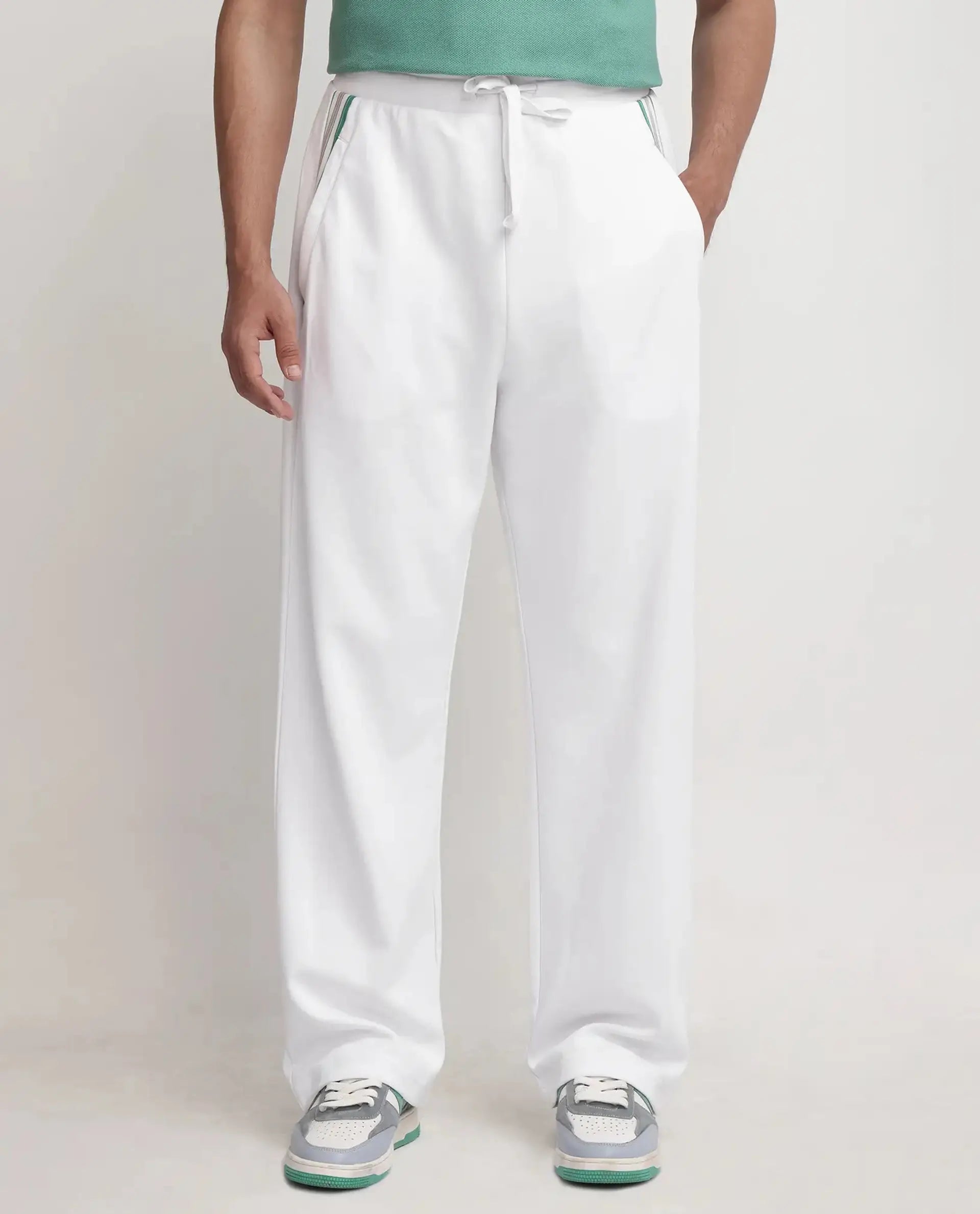 Rare Rabbit Men's Oblic White Cotton Blend Plain Relaxed Fit Track Pant