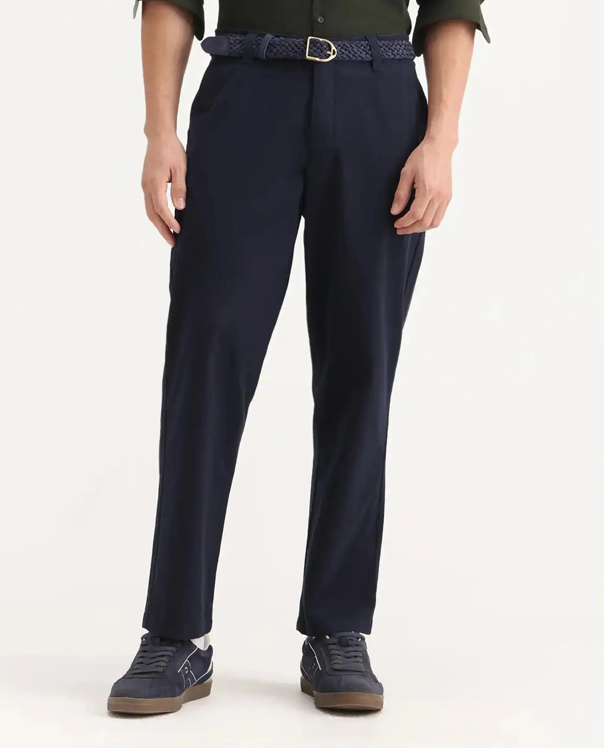 Rare Rabbit Men's Oren Navy Cotton Plain Straight Fit Trouser