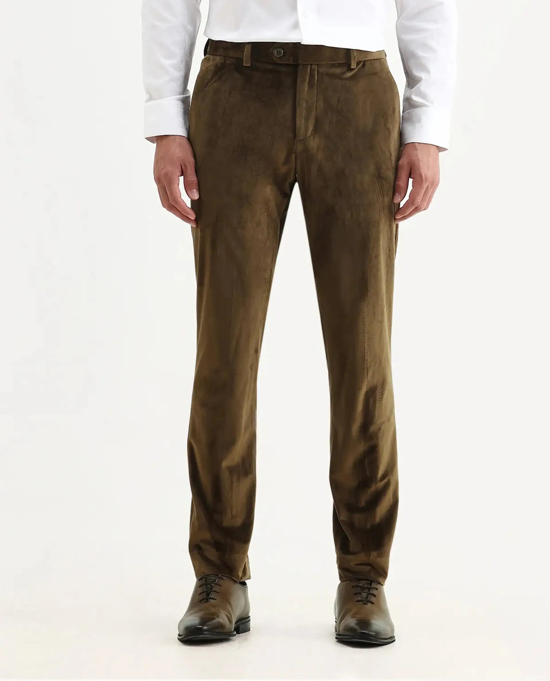 Rare Rabbit Men's Ozzy Olive Cotton Plain Slim Fit Trouser