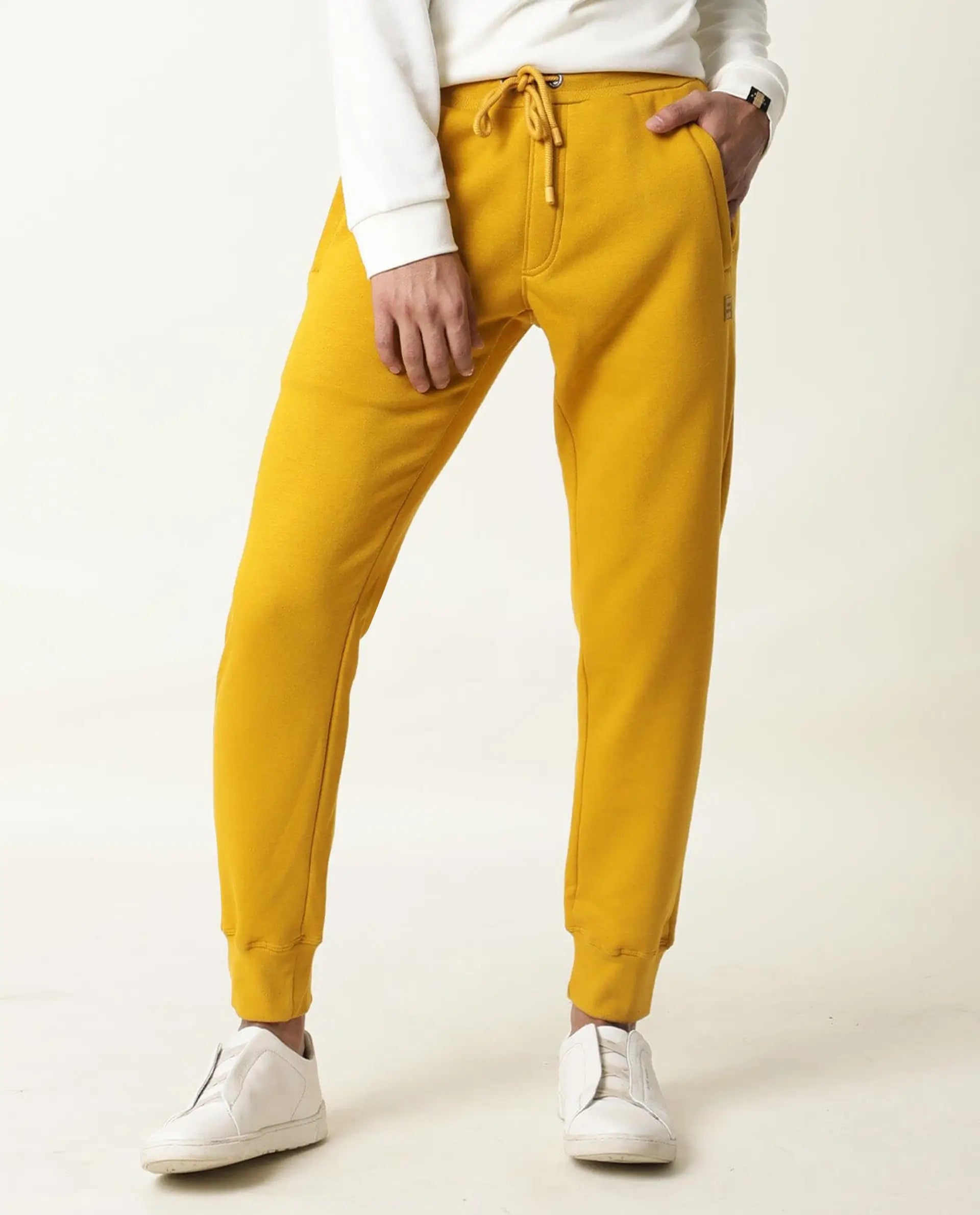Rare Rabbit Men's Panama Yellow Cotton Plain Regular Fit Joggers