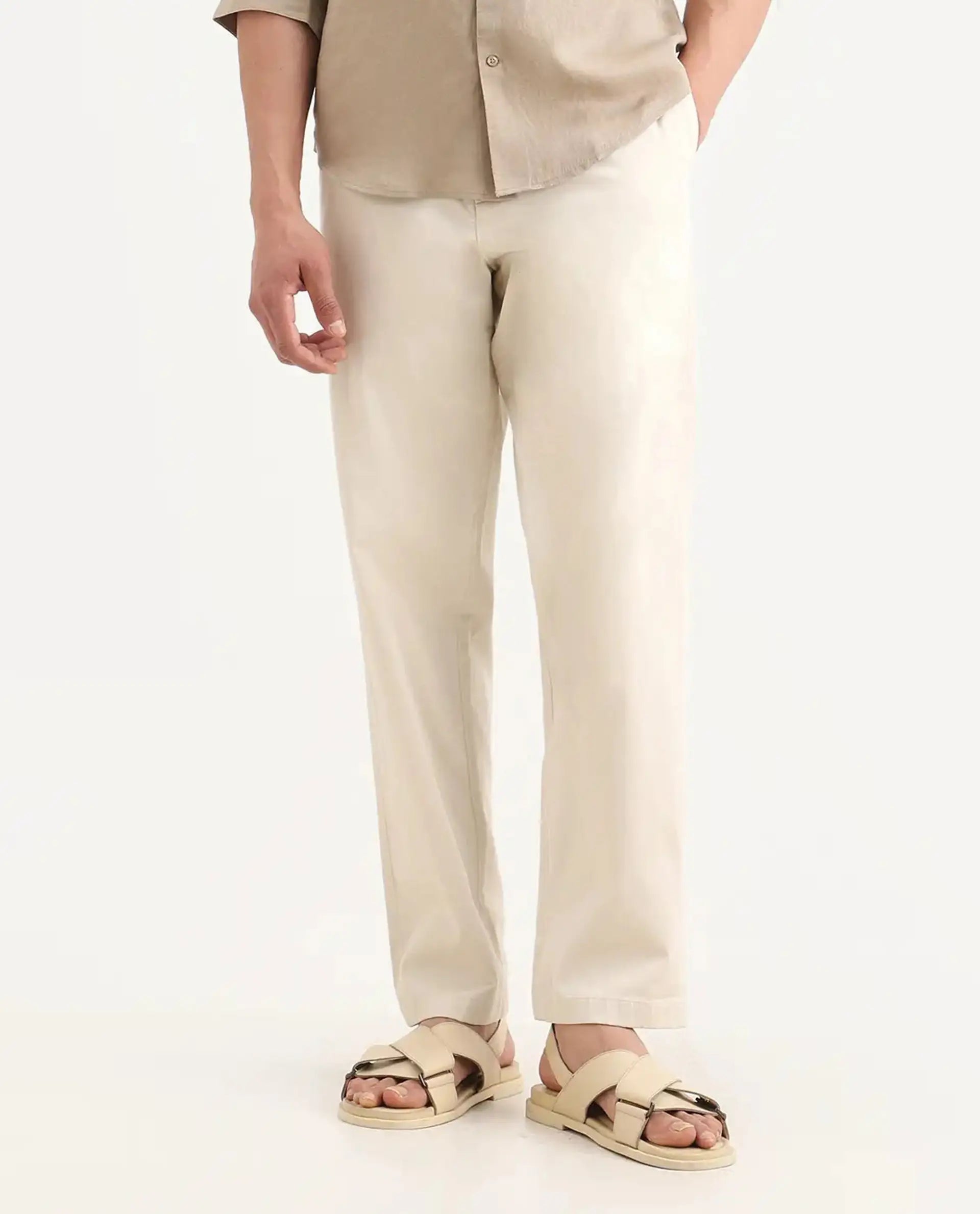 Rare Rabbit Men's Parga Light Beige Cotton Blend Fabric Regular Fit Plain Trouser