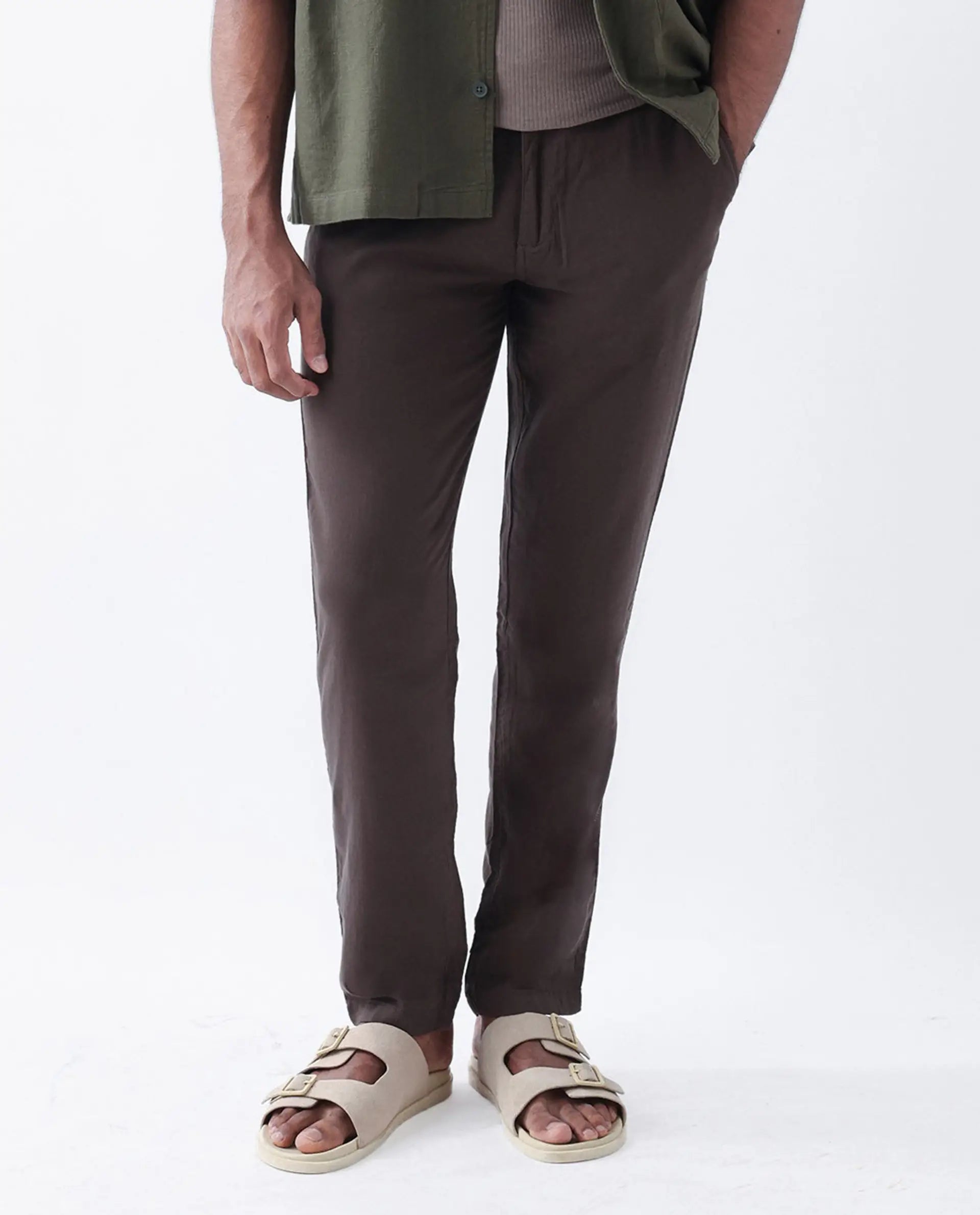 Rare Rabbit Men's Pastor-3 Dark Brown Cotton Plain Regular Fit Trouser