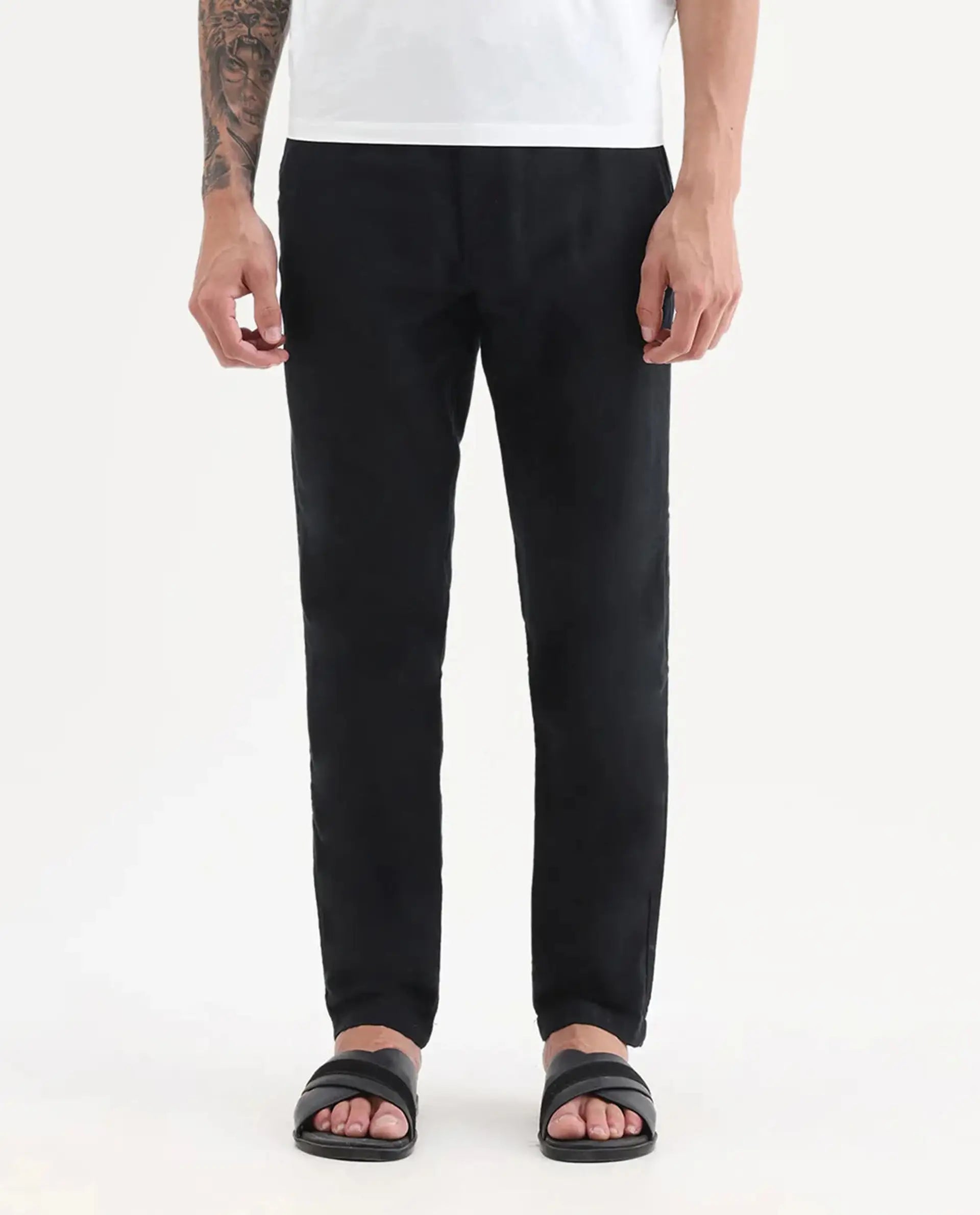 Rare Rabbit Men's Pastor-Aw25 Black Cotton Plain Regular Fit Trouser