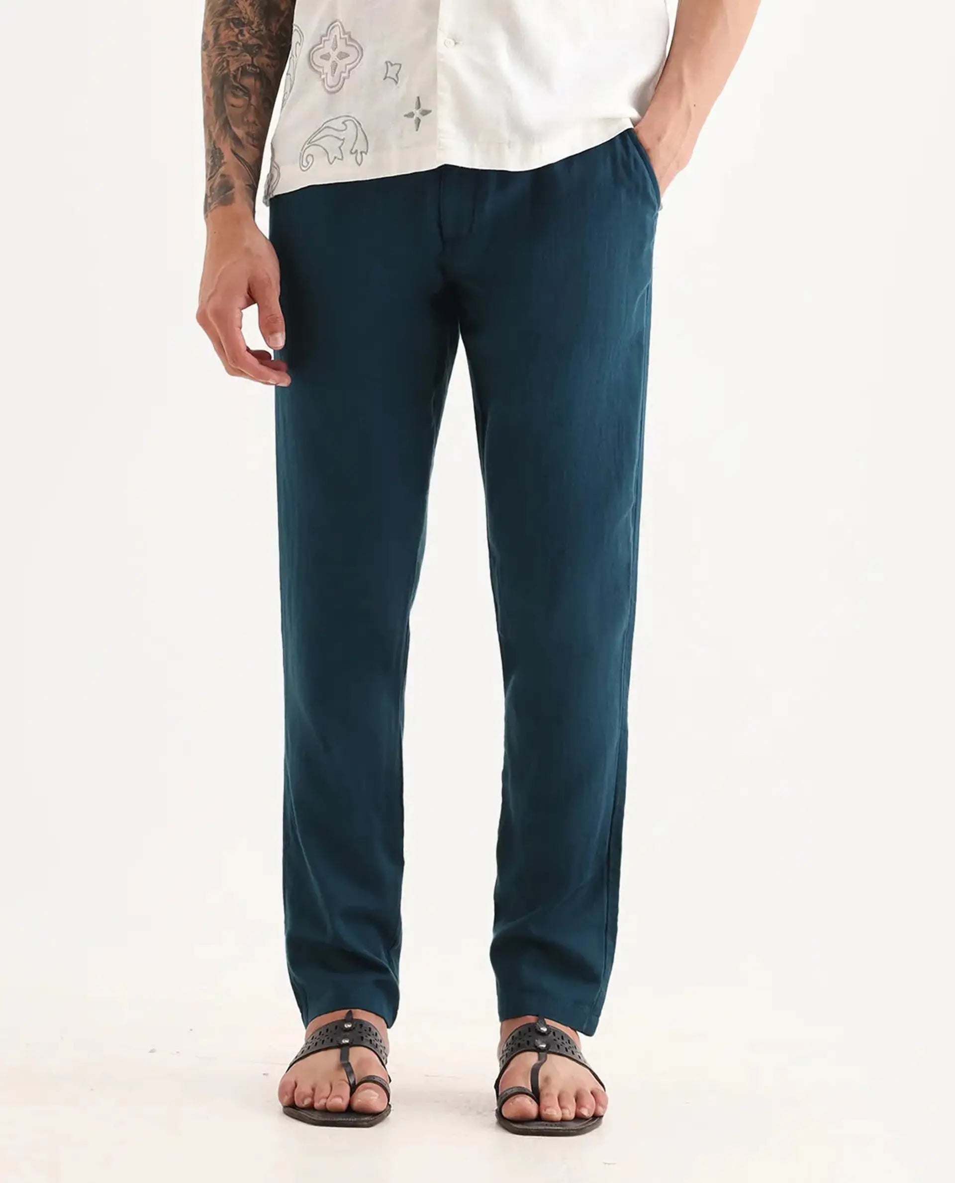Rare Rabbit Men's Pastor-Aw25 Dark Teal Cotton Plain Regular Fit Trouser