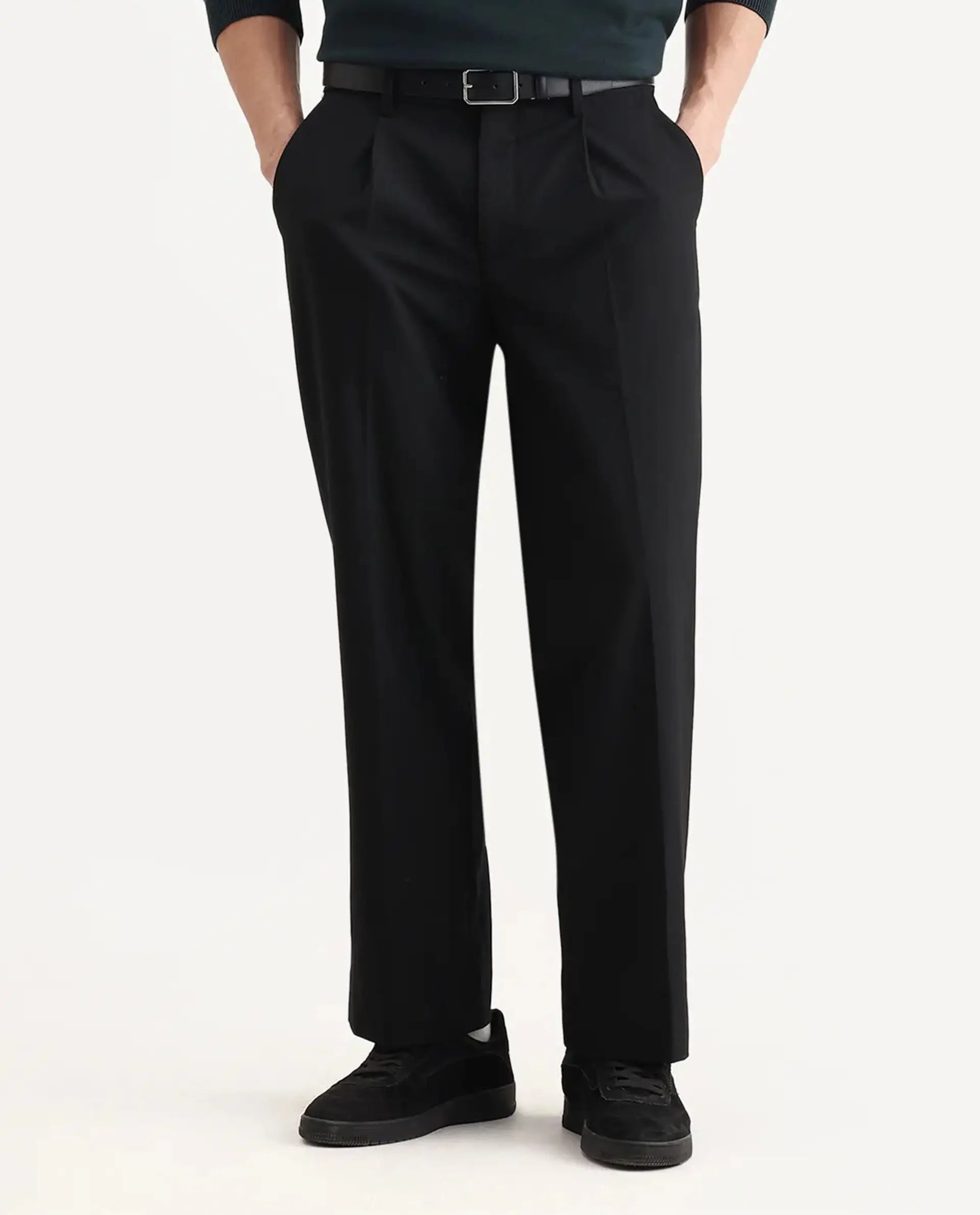 Rare Rabbit Men Pauls Black Polyester Blend Fabric Button Closure Plain Trouser