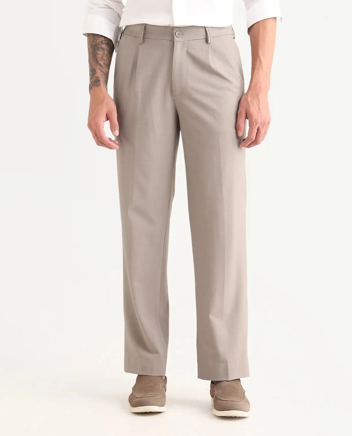 Rare Rabbit Men Pauls Dark Beige Polyester Blend Fabric Button Closure Plain Trouser
