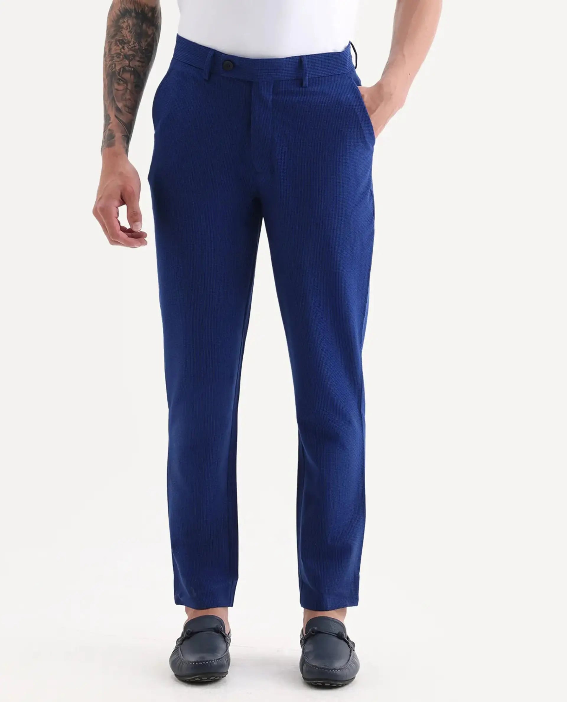 Rare Rabbit Men's Pax Blue Cotton Blend Plain Straight Fit Trouser