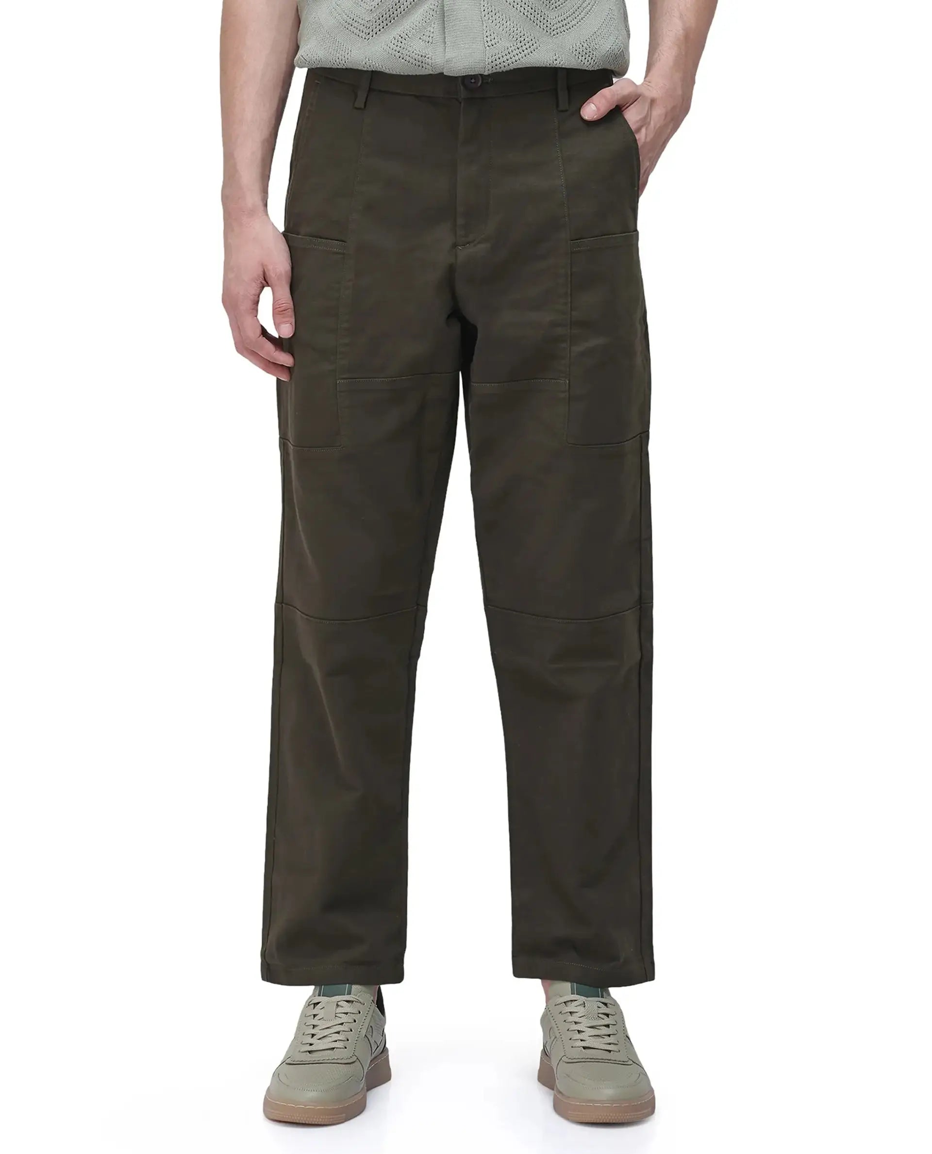 Rare Rabbit Men's Petro Dark Olive Cotton Plain Straight Fit Trouser
