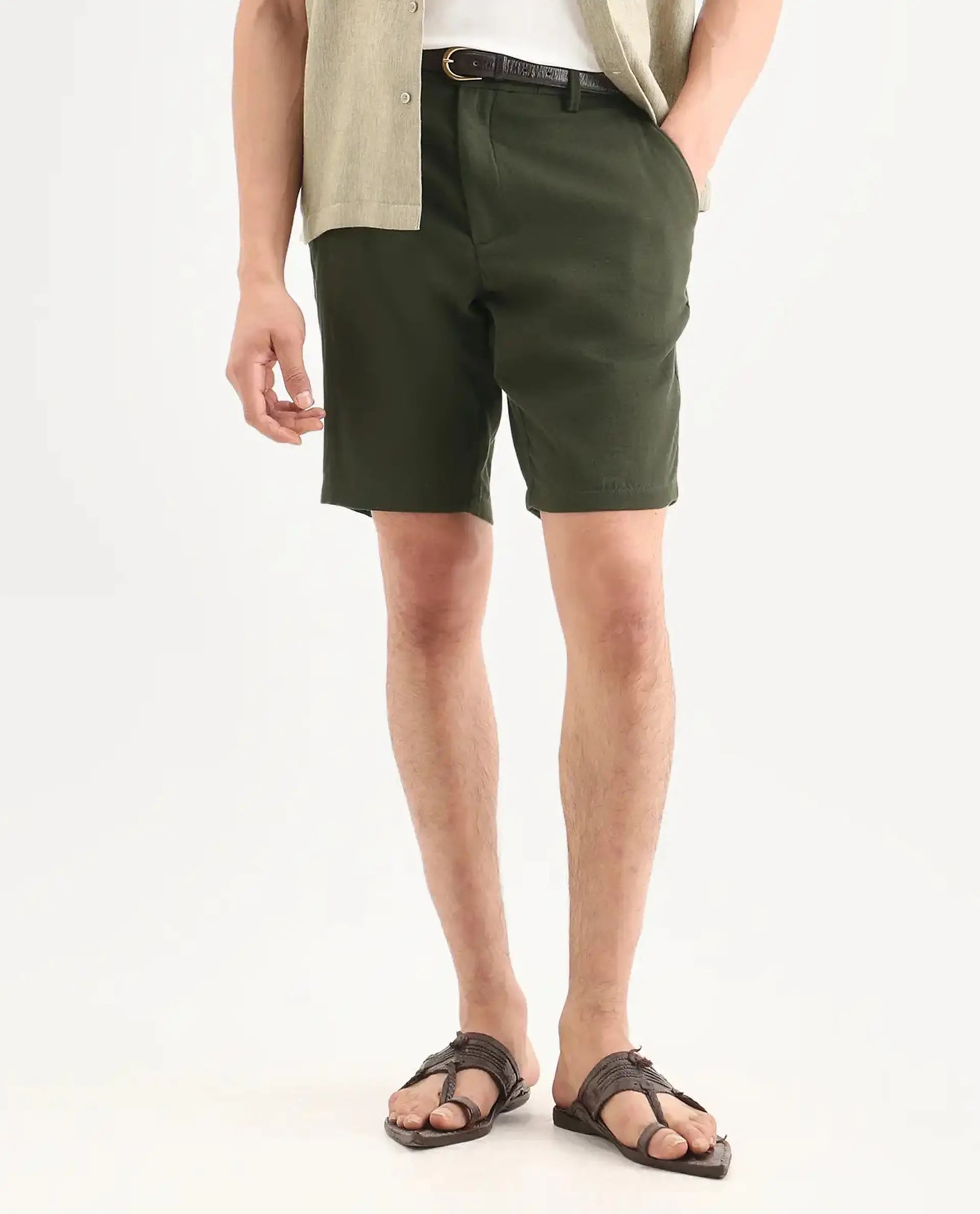Rare Rabbit Men's Pinto-Ss26 Light Olive Cotton Fabric Drawstring Relaxed Fit Plain Shorts