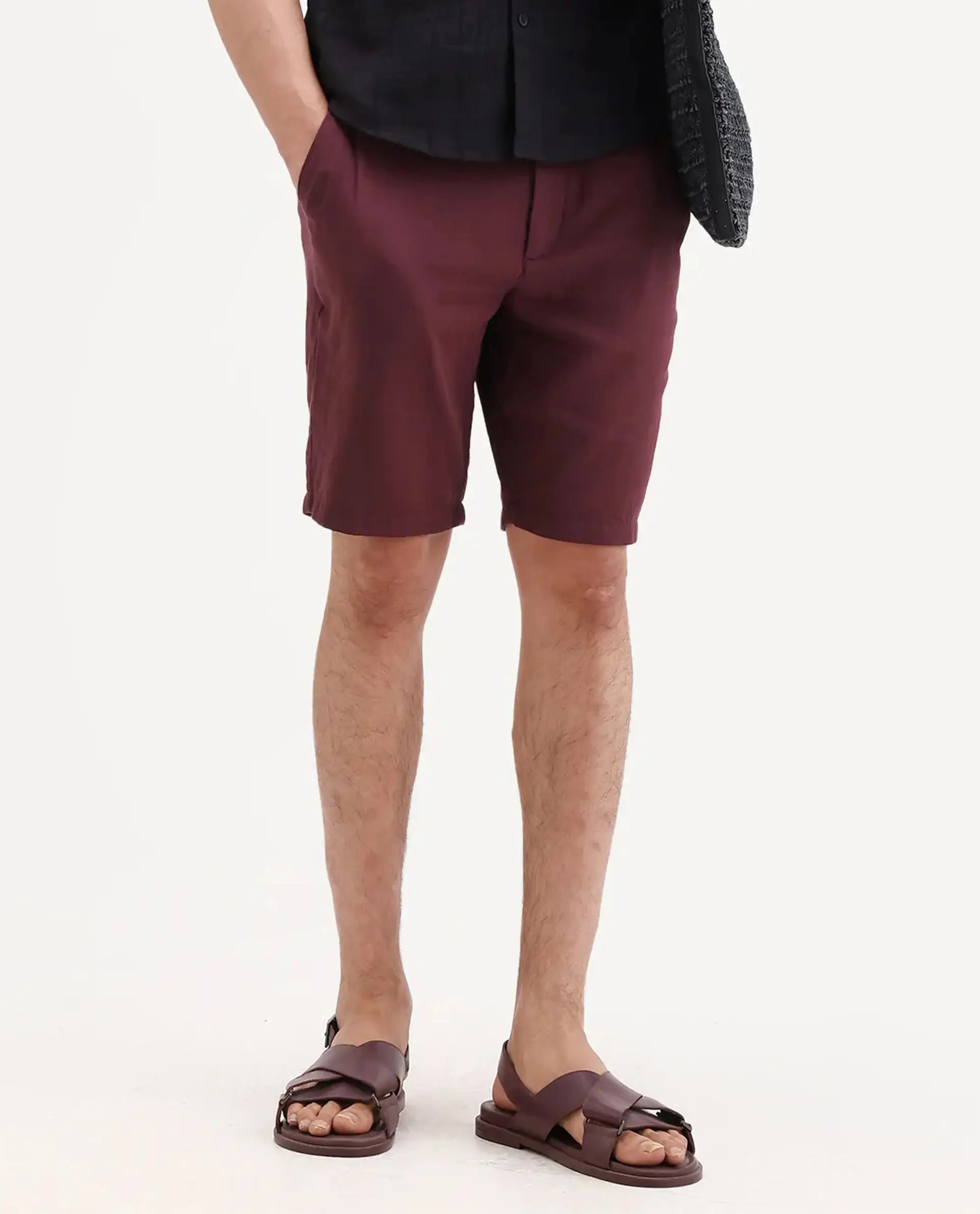 Rare Rabbit Men's Pinto-Ss26 Maroon Cotton Fabric Drawstring Relaxed Fit Plain Shorts