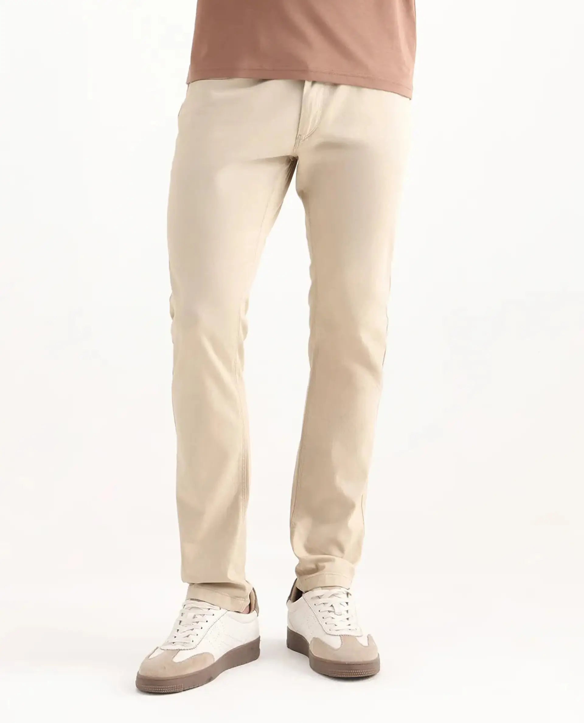 Rare Rabbit Men's Poke-2 Beige Cotton Plain Regular Fit Trouser