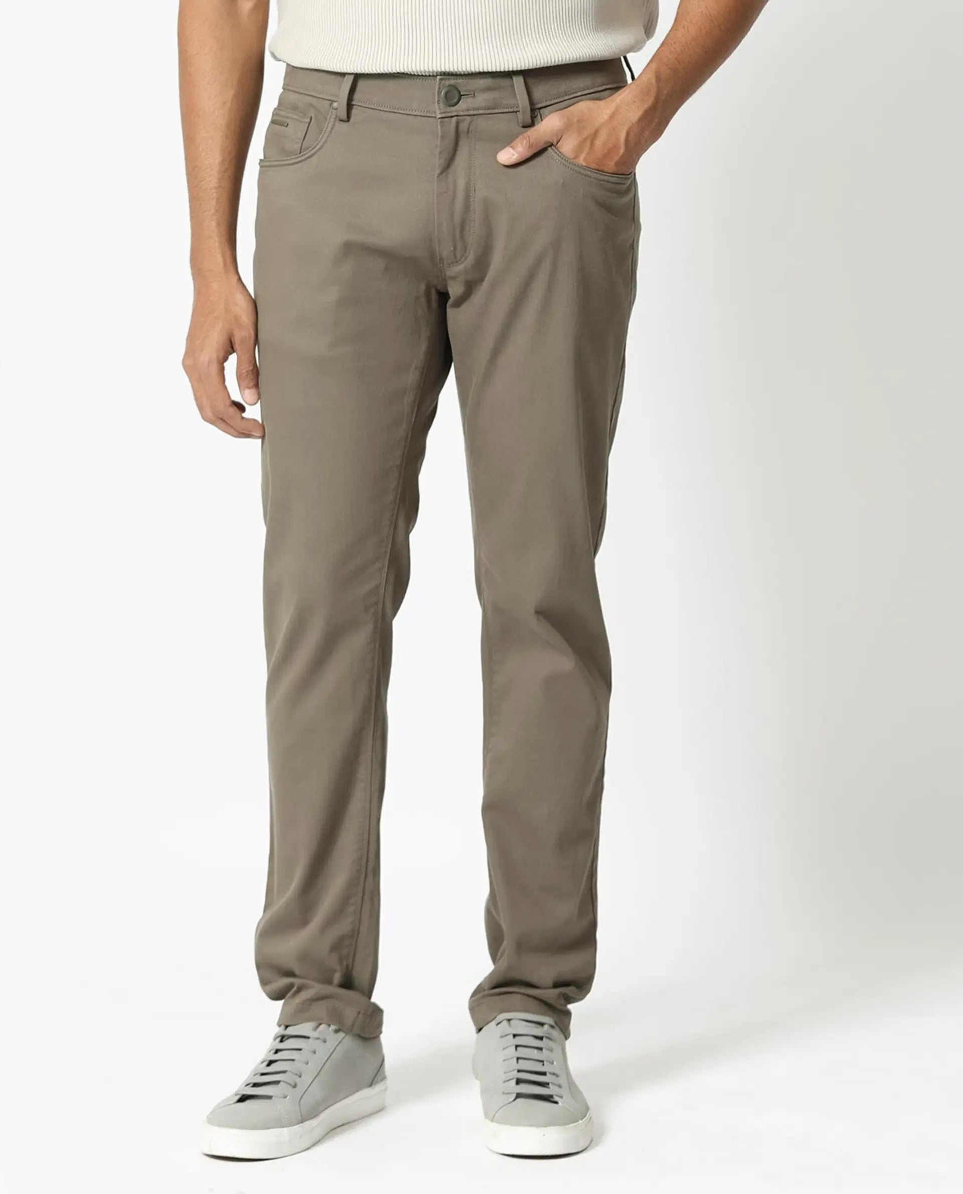 Rare Rabbit Men's Poke-2 Light Olive Cotton Plain Regular Fit Trouser
