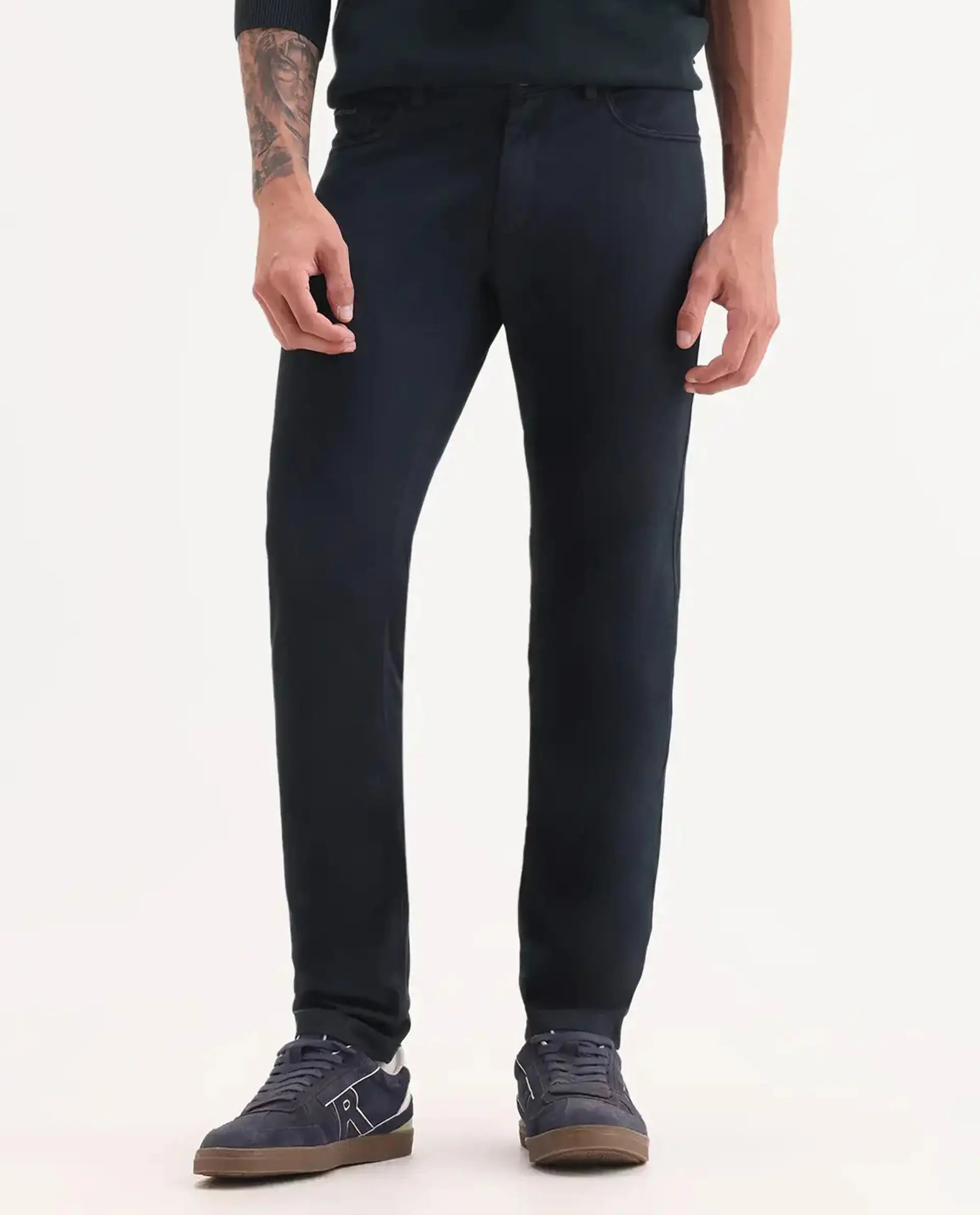 Rare Rabbit Men's Poke Navy Cotton Plain Regular Fit Trouser