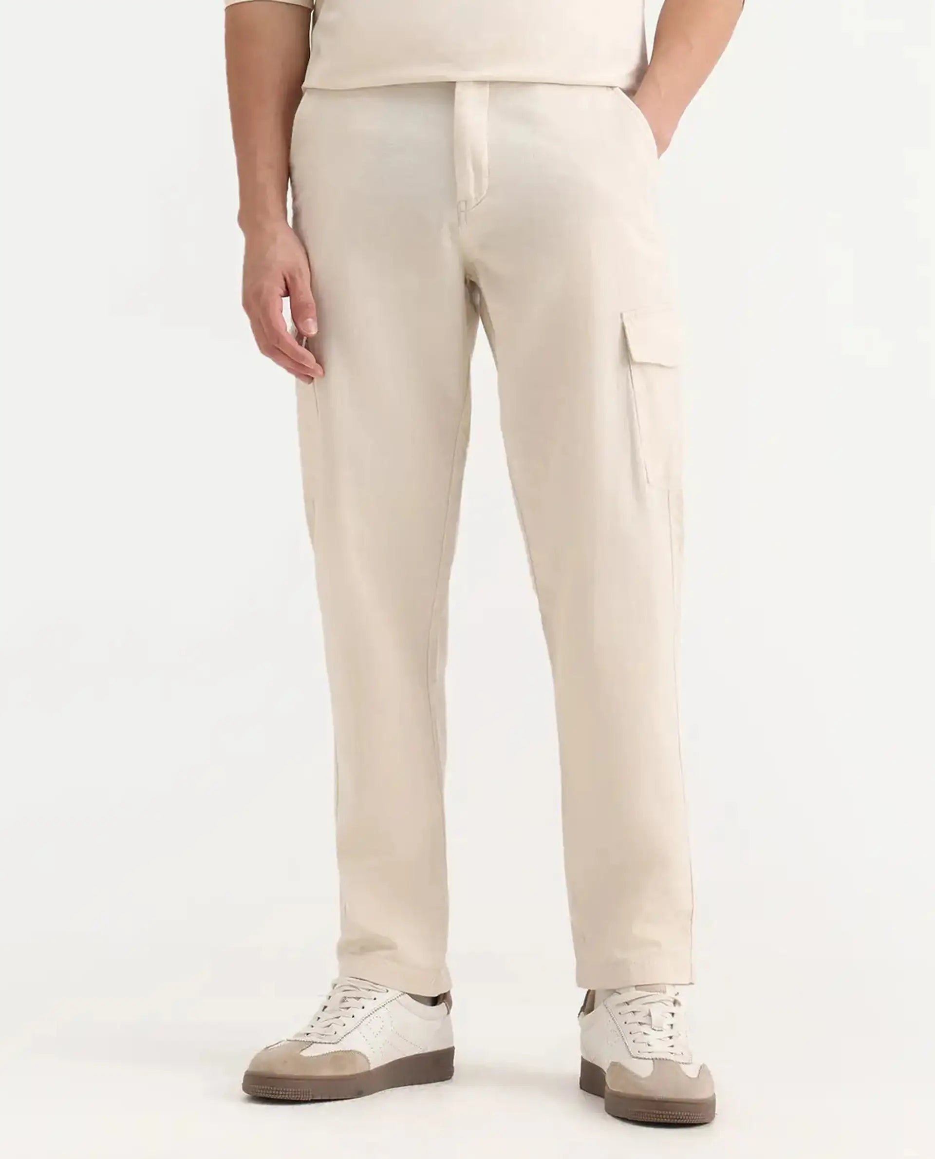 Rare Rabbit Men's Presso-Aw25 Off White Cotton Plain Regular Fit Trouser