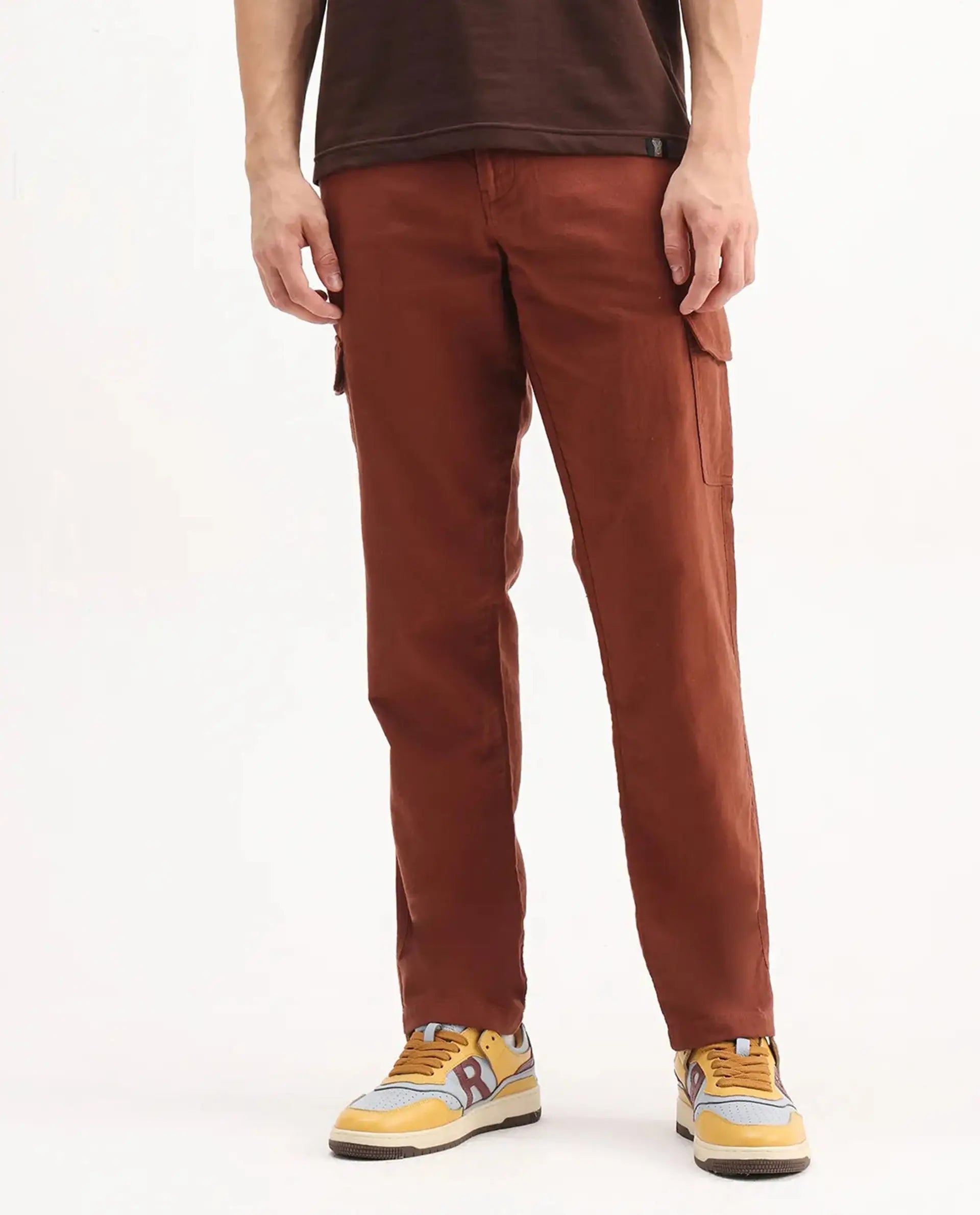 Rare Rabbit Men's Presso-Aw25 Rust Cotton Plain Regular Fit Trouser