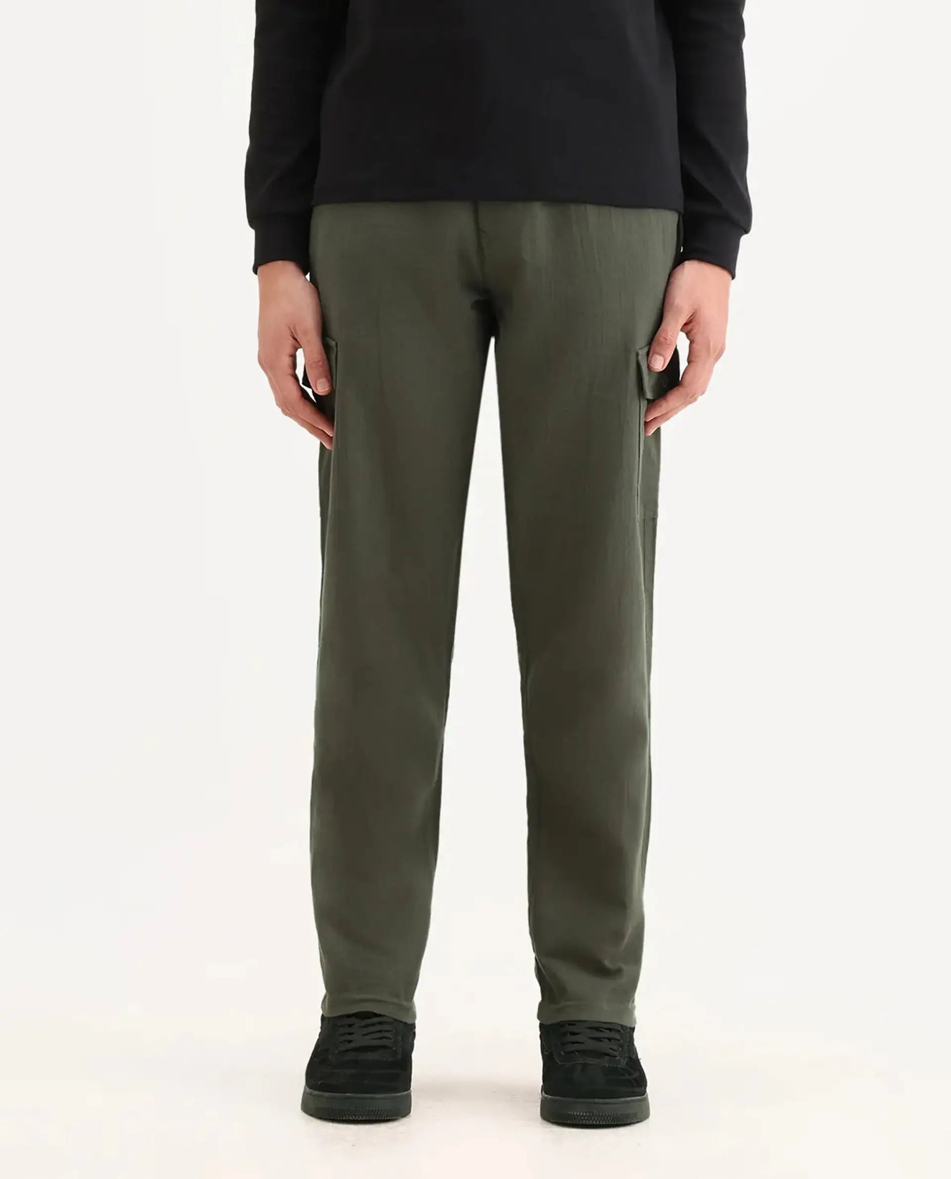 Rare Rabbit Men's Presso Dusky Green Cotton Plain Relaxed Fit Trouser