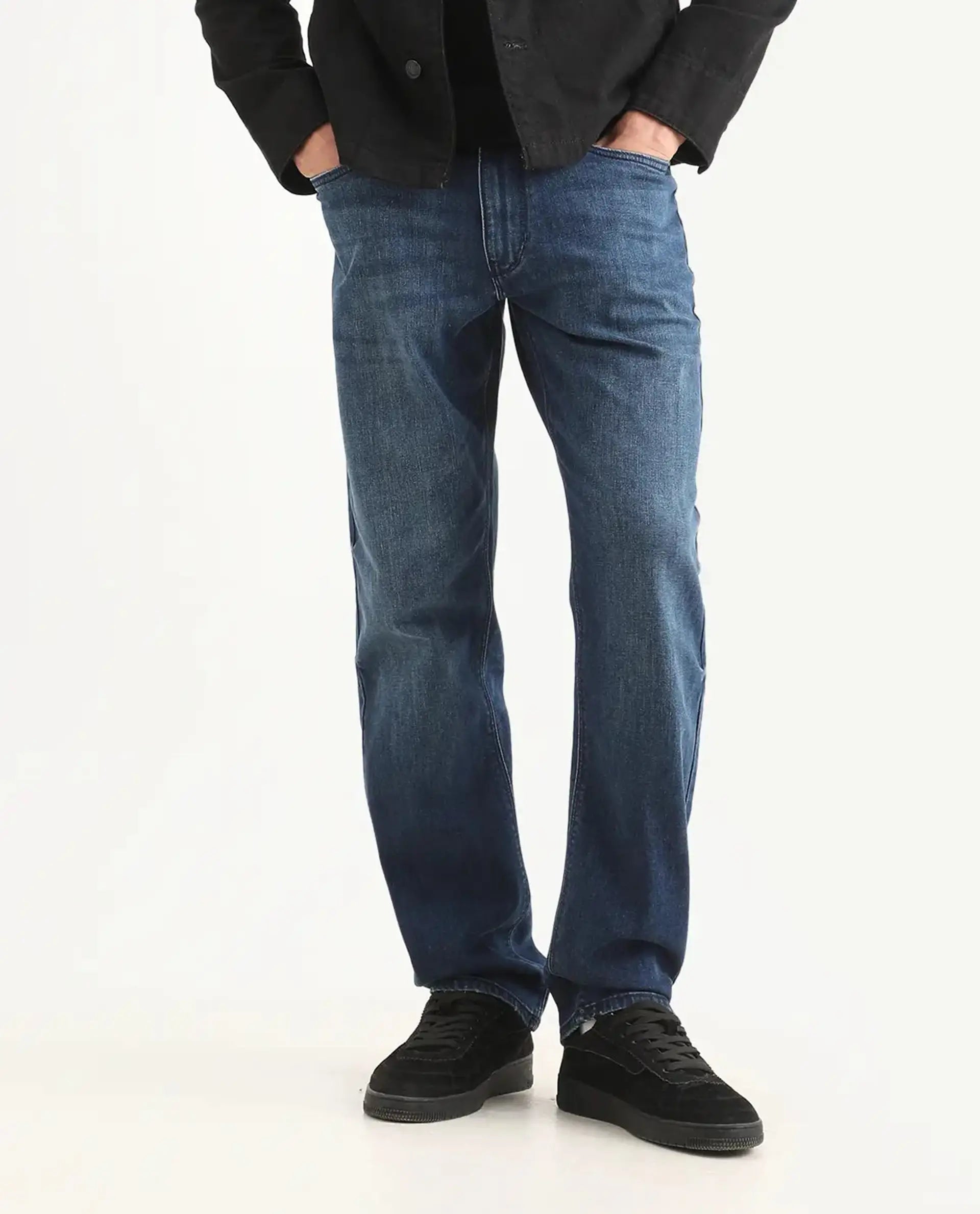 Rare Rabbit Men's Rayl Dark Blue Cotton Blend Fabric Morris Regular Fit Plain Jeans