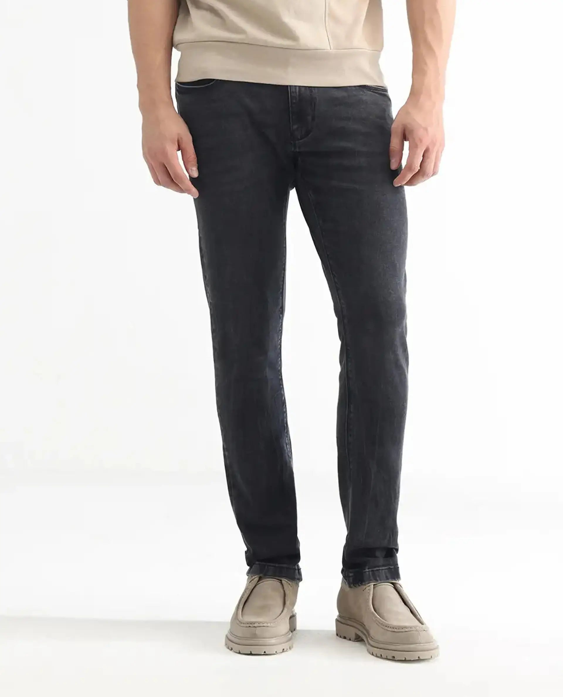 Rare Rabbit Men's Reney Black Cotton Plain Hawk Slim Fit Jeans