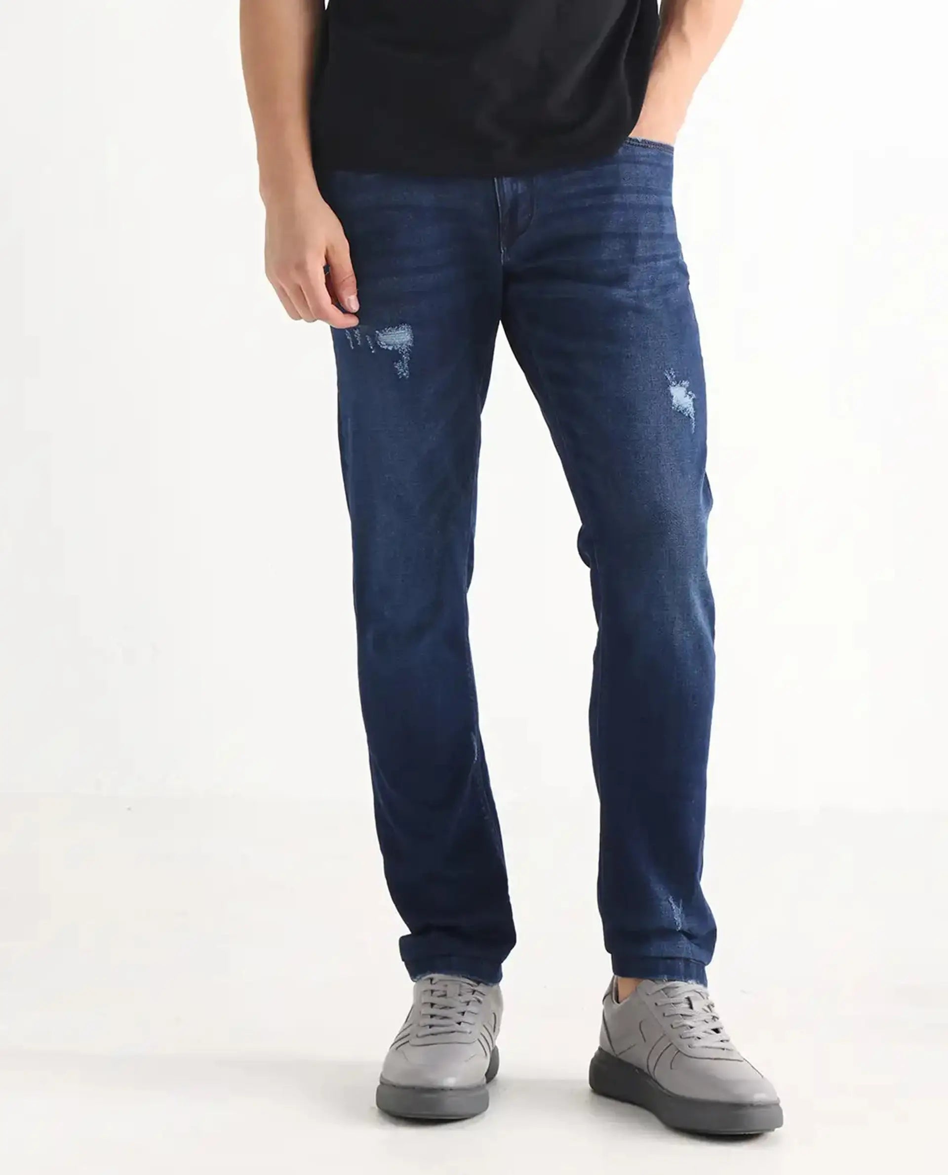 Rare Rabbit Men's Reno Blue Cotton Plain Hawk Slim Fit Jeans