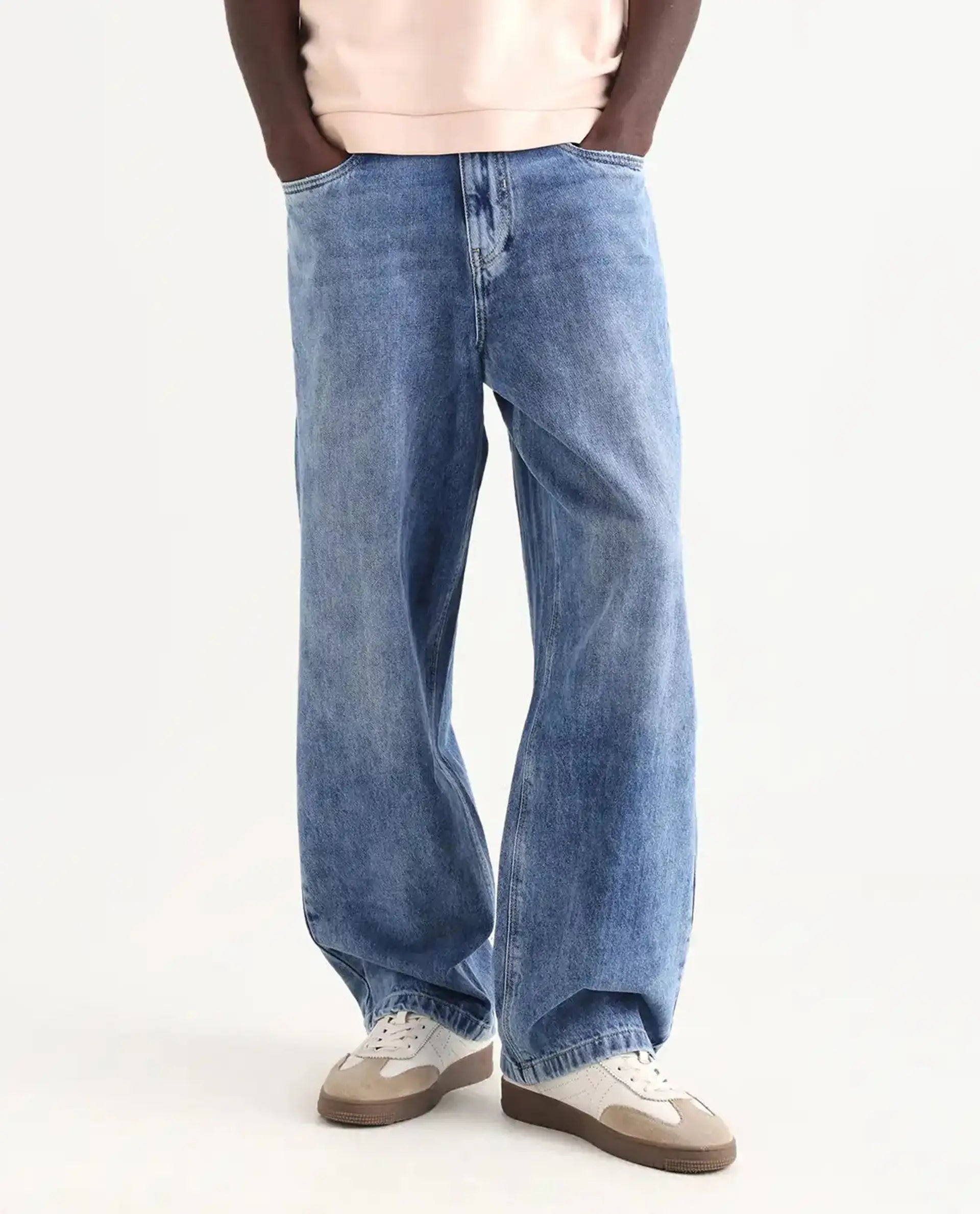 Rare Rabbit Men's Riffin Light Blue Cotton Plain Baggy Fit Jeans
