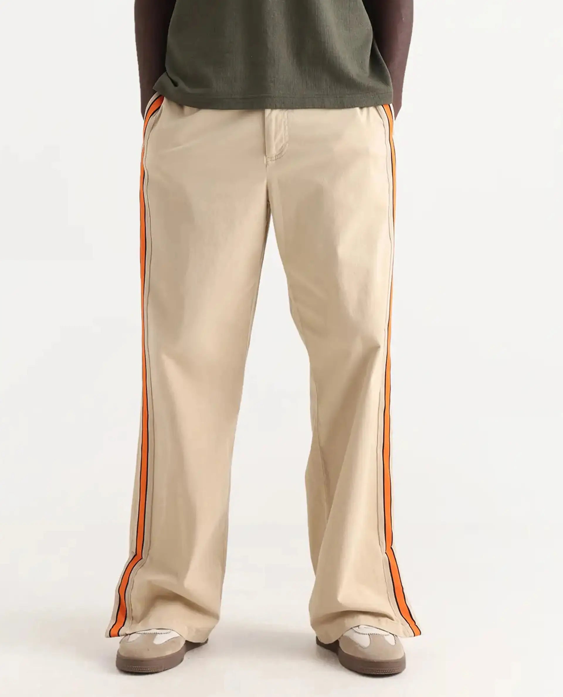 Rare Rabbit Men's Riol Beige Cotton Blend Plain Wide Leg Trouser