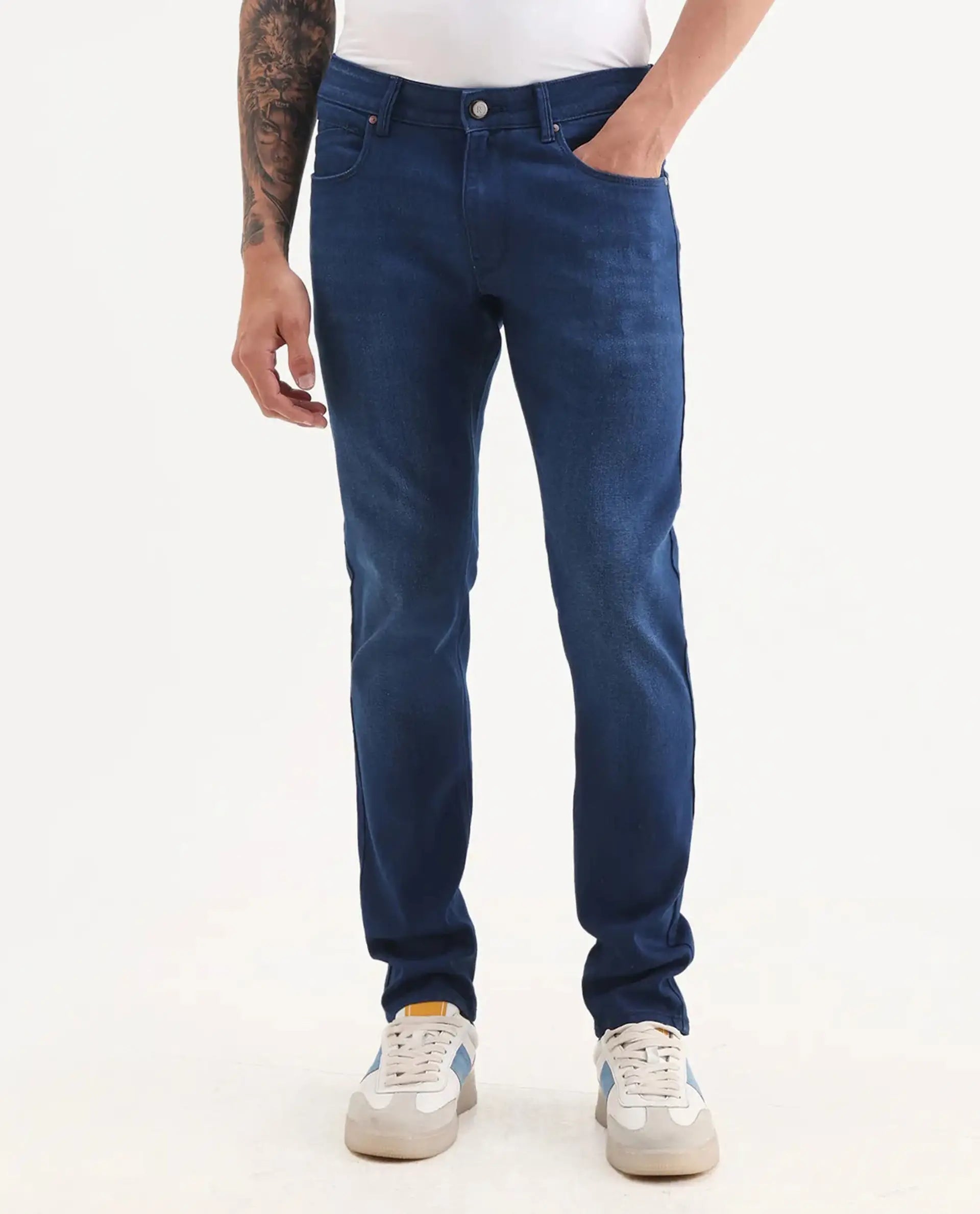 Rare Rabbit Men's River Blue Cotton Blend Fabric Hawk Slim Fit Plain Jeans