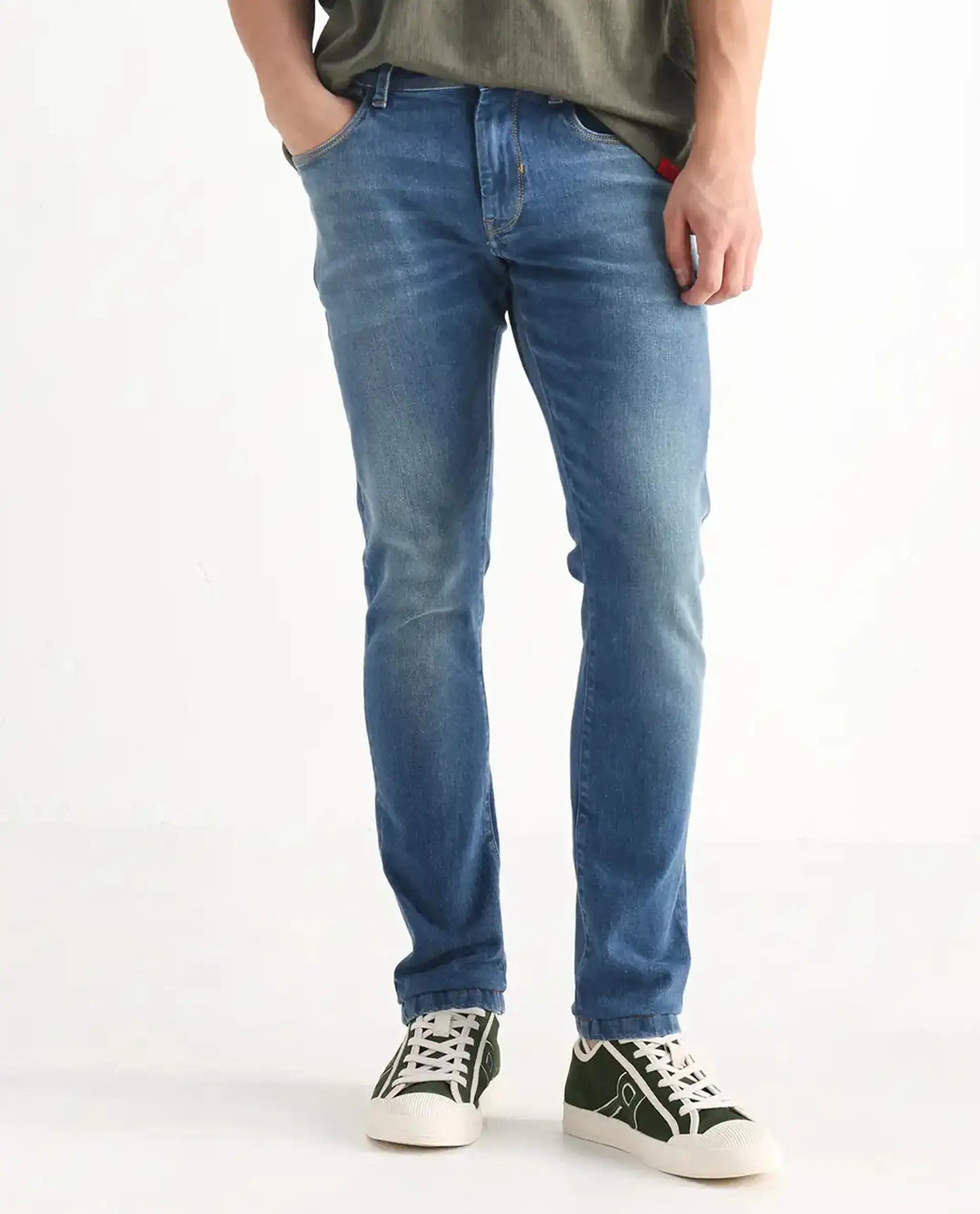 Rare Rabbit Men's Salar Pastel Blue Cotton Blend Plain Hawk Slim Fit Jeans