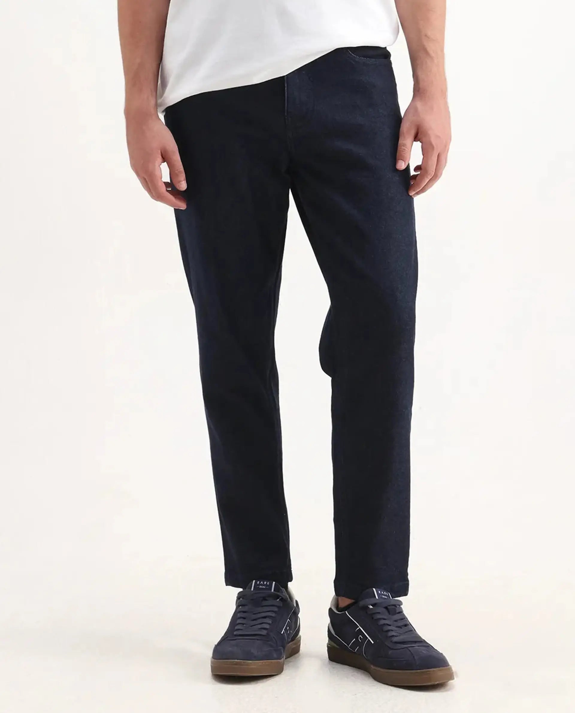 Rare Rabbit Men's Sam Dark Blue Cotton Plain Kurt Carrot Fit Jeans