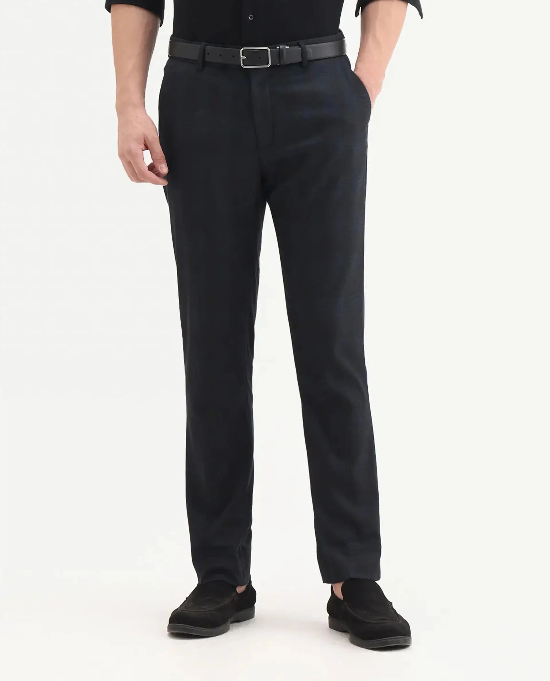 Rare Rabbit Men's Sander Navy Cotton Checked Print Regular Fit Trouser