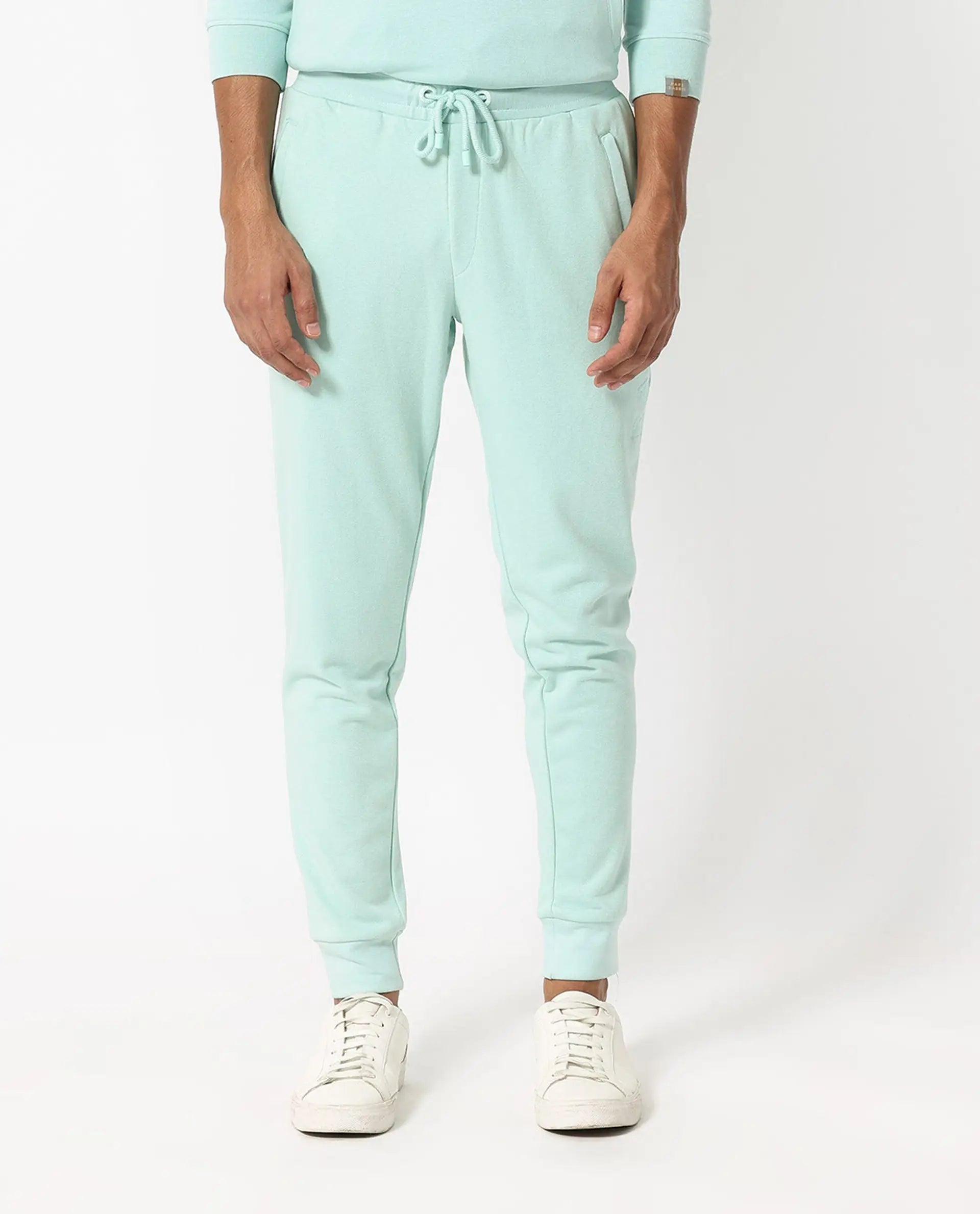 Rare Rabbit Men's Shiga Light Blue Cotton Plain Regular Fit Joggers