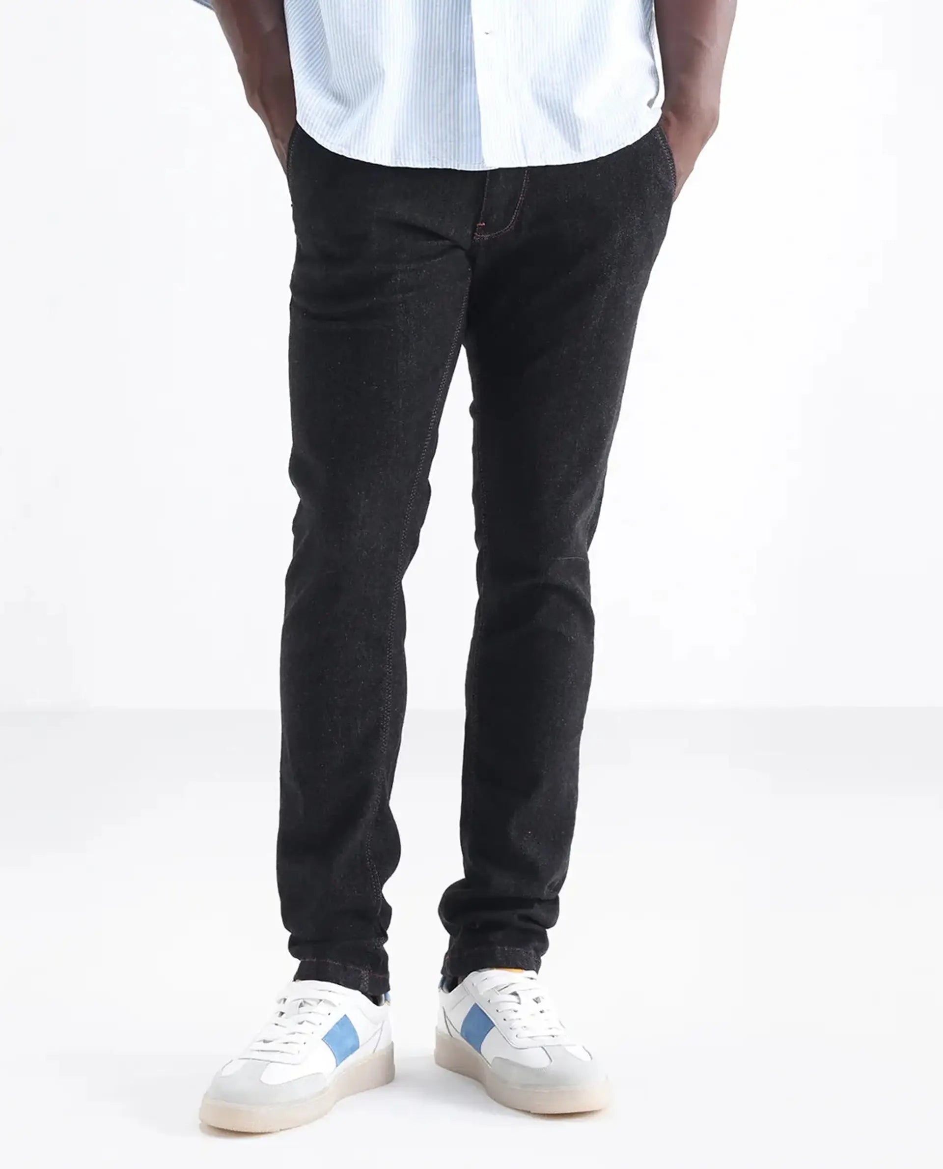Rare Rabbit Men's Shooter Black Cotton Plain Hawk Slim Fit Jeans
