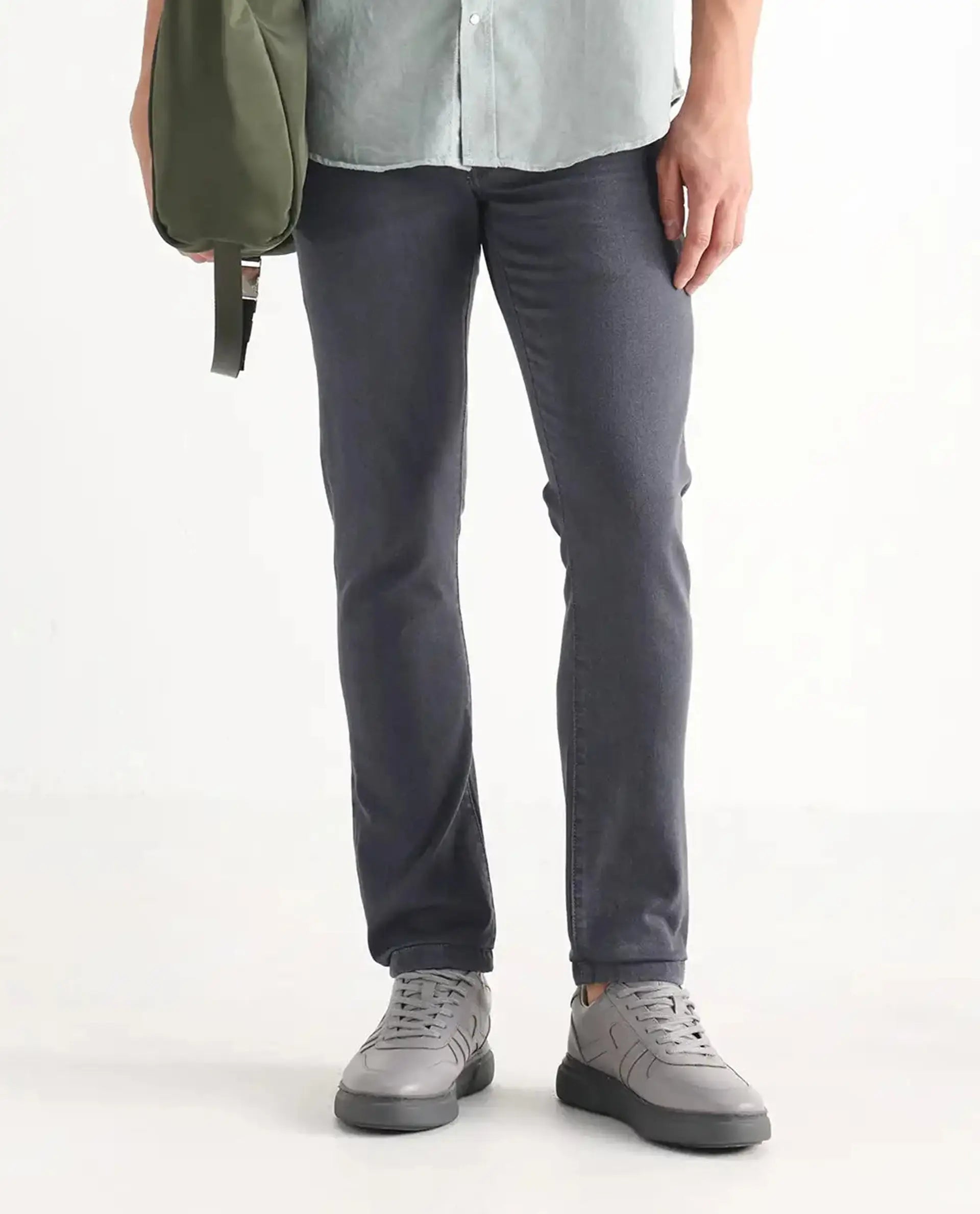 Rare Rabbit Men's Smok Grey Cotton Blend Plain Hawk Slim Fit Jeans