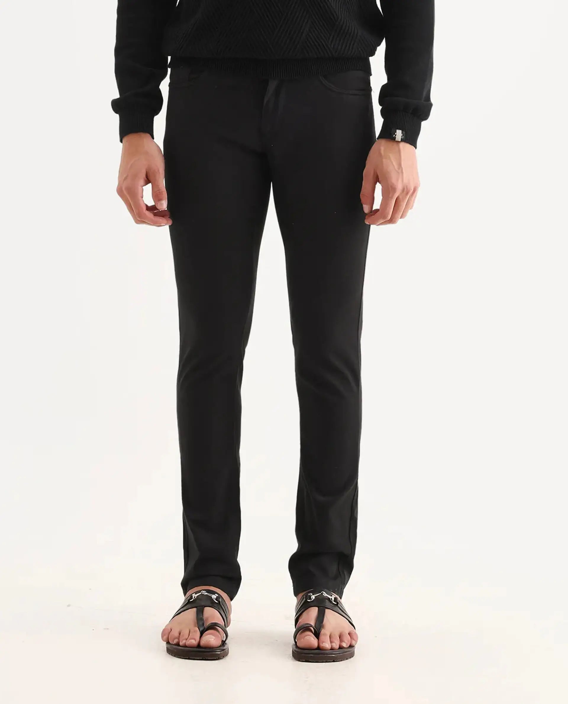 Rare Rabbit Men's Spoke-22 Black Cotton Plain Regular Fit Trouser
