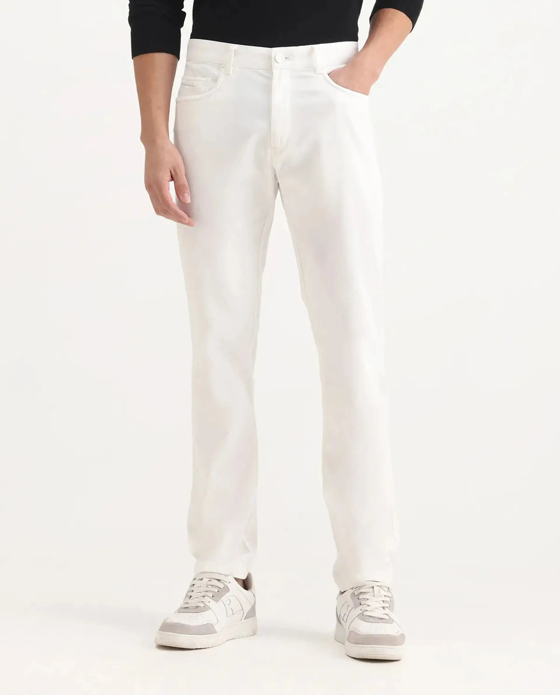 Rare Rabbit Men's Spoke-Aw25 White Cotton Blend Plain Regular Fit Trouser
